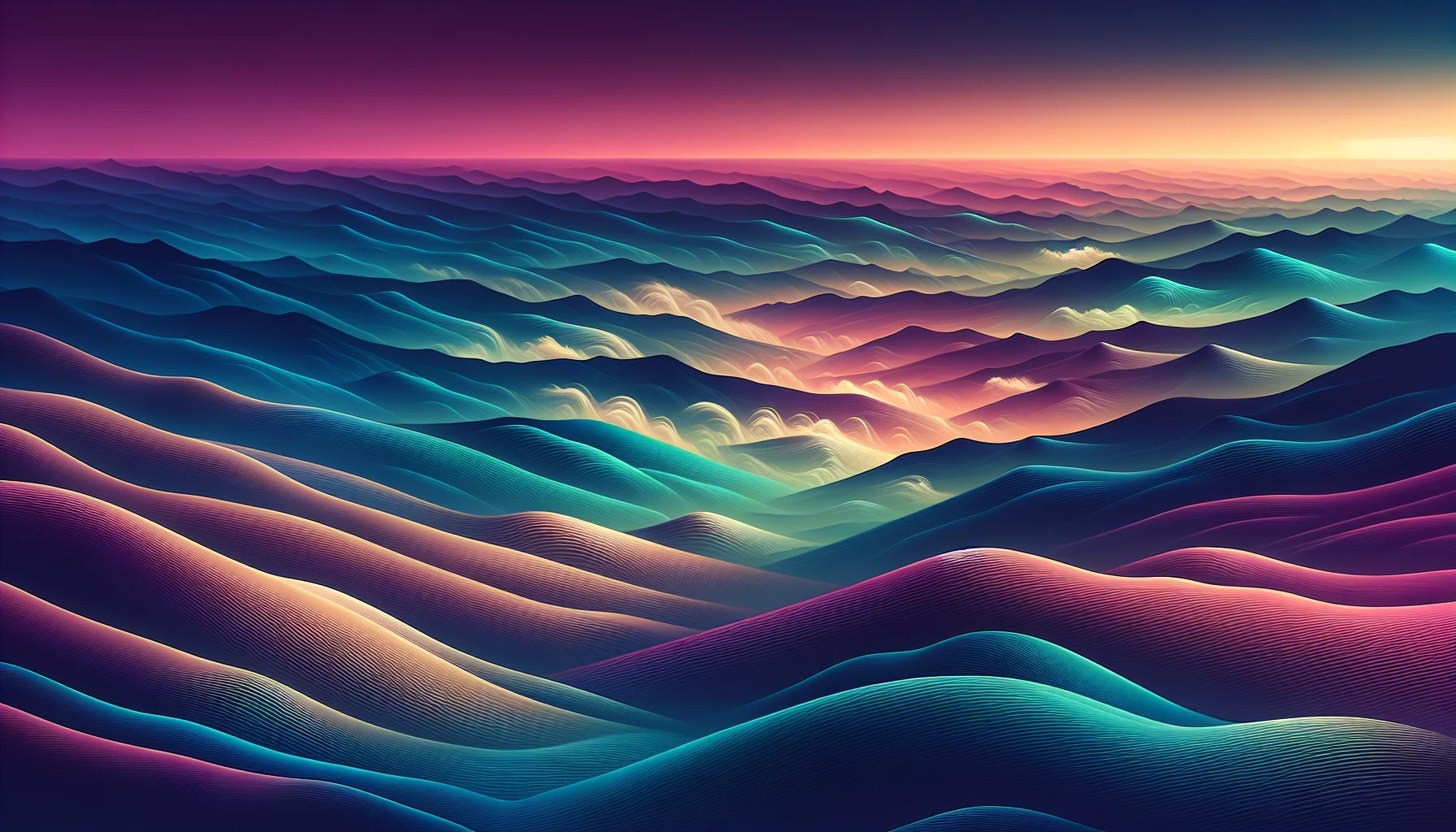 Envision a breathtaking landscape where vibrant gradients blend seamlessly to create a surreal atmosphere. The sky transitions from deep purple to soft pink, while rolling hills below are painted in hues of teal and gold. Wispy clouds float lazily, reflecting the rich colors of twilight. In the foreground, abstract shapes emerge from the gradients, inviting the viewer into an enchanting world that feels both serene and otherworldly.