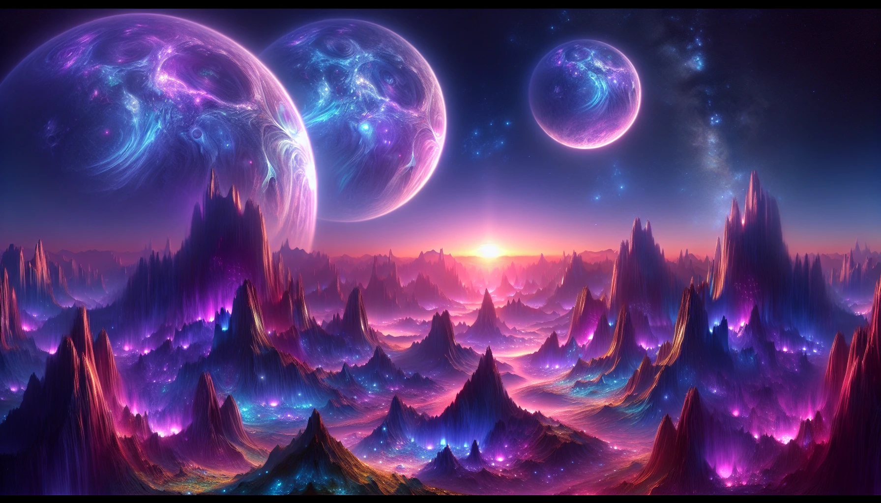 Envision a mesmerizing alien planet bathed in whimsical purple hues, where the sky is a canvas of swirling violet and indigo. Three glowing moons, each a different size and brightness, hover majestically above the horizon, casting enchanting shadows over the landscape. Jagged mountains rise, their surfaces shimmering with iridescent minerals, while luminous flora and surreal rock formations add to the dreamlike atmosphere, inviting the viewer to explore this extraordinary realm.