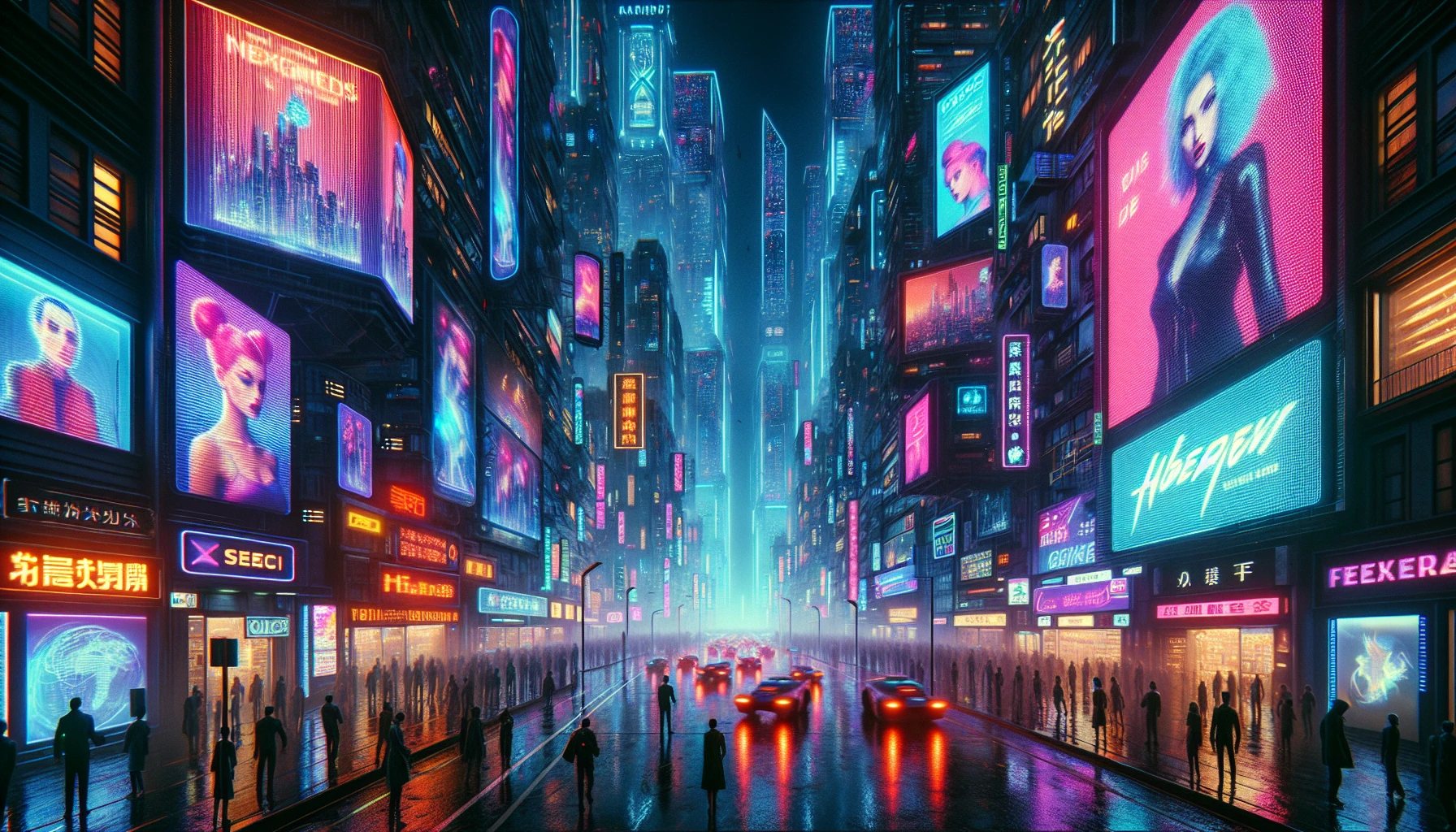 Immerse yourself in a vibrant cyberpunk city at night, where towering skyscrapers adorned with holographic advertisements pierce the dark sky. Streets buzz with life, illuminated by neon lights and bustling with diverse figures clad in futuristic attire. Rain-soaked pavement reflects the cacophony of colors, while flying vehicles zip by overhead, creating an electric atmosphere that pulses with the promise of technology and intrigue.