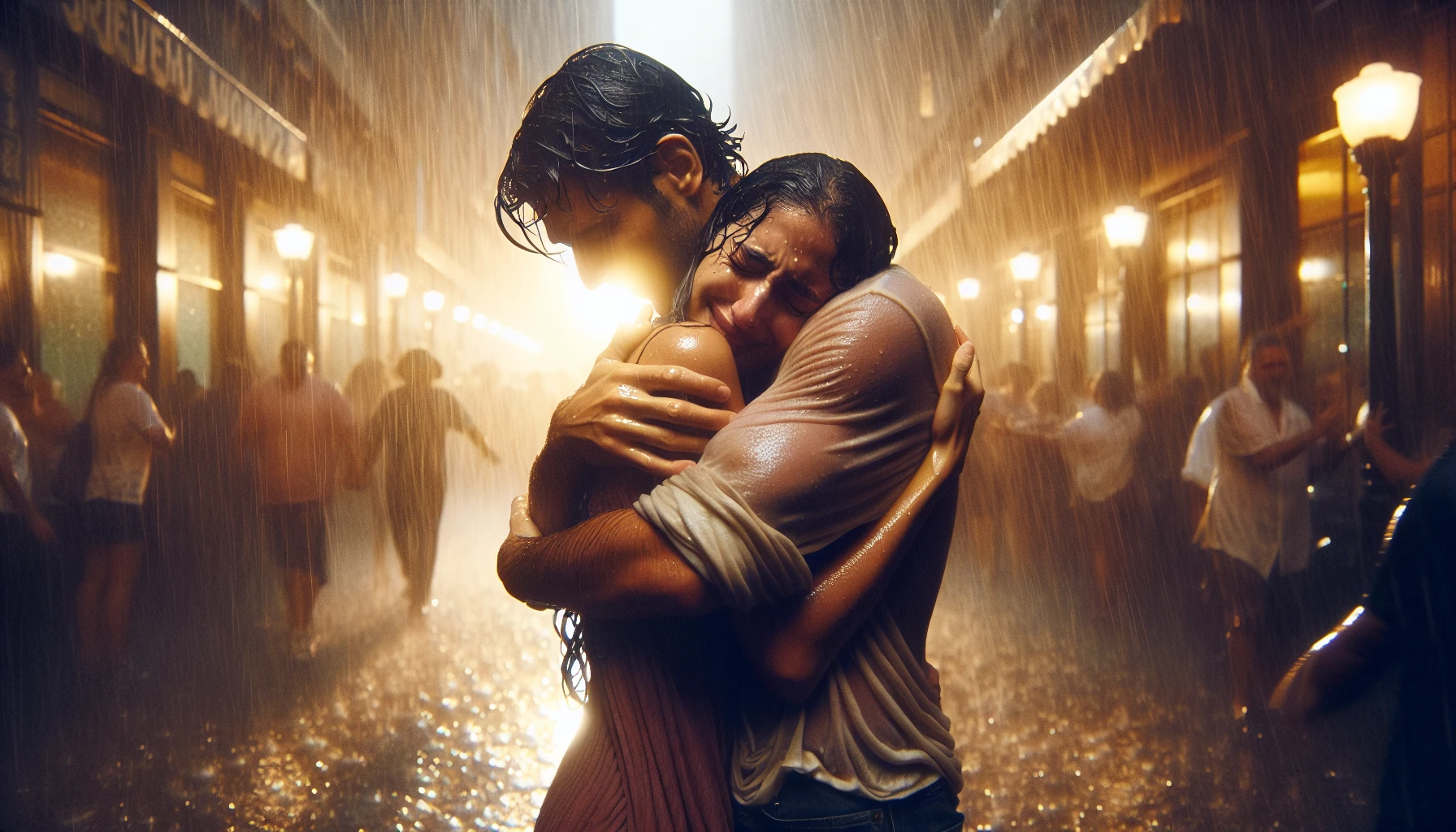 On a bustling city street, two figures embrace passionately under a heavy downpour, their silhouettes blurred by cascading raindrops. The atmosphere is electric, filled with emotion as tears mingle with rain, each droplet reflecting their longing and joy. Soft, warm light from nearby lampposts casts a golden hue, illuminating their faces, which reveal a profound sense of relief and love after a long separation.