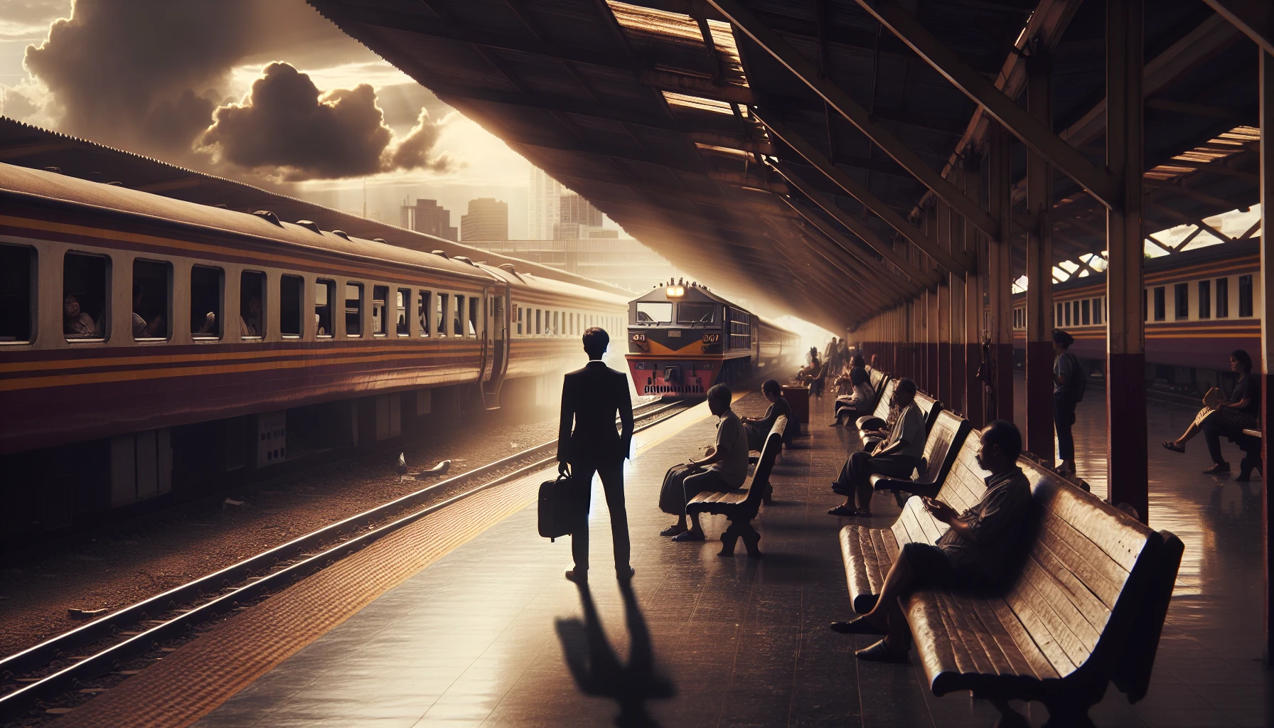 Capture a heart-wrenching scene at a bustling train station, where a lone figure stands on the platform, gazing longingly at the departing train. The air is thick with emotion as soft sunlight filters through the clouds, casting shadows on the worn wooden benches. Surrounding commuters are lost in their own worlds, while distant echoes of the train whistle enhance the bittersweet atmosphere of goodbye.