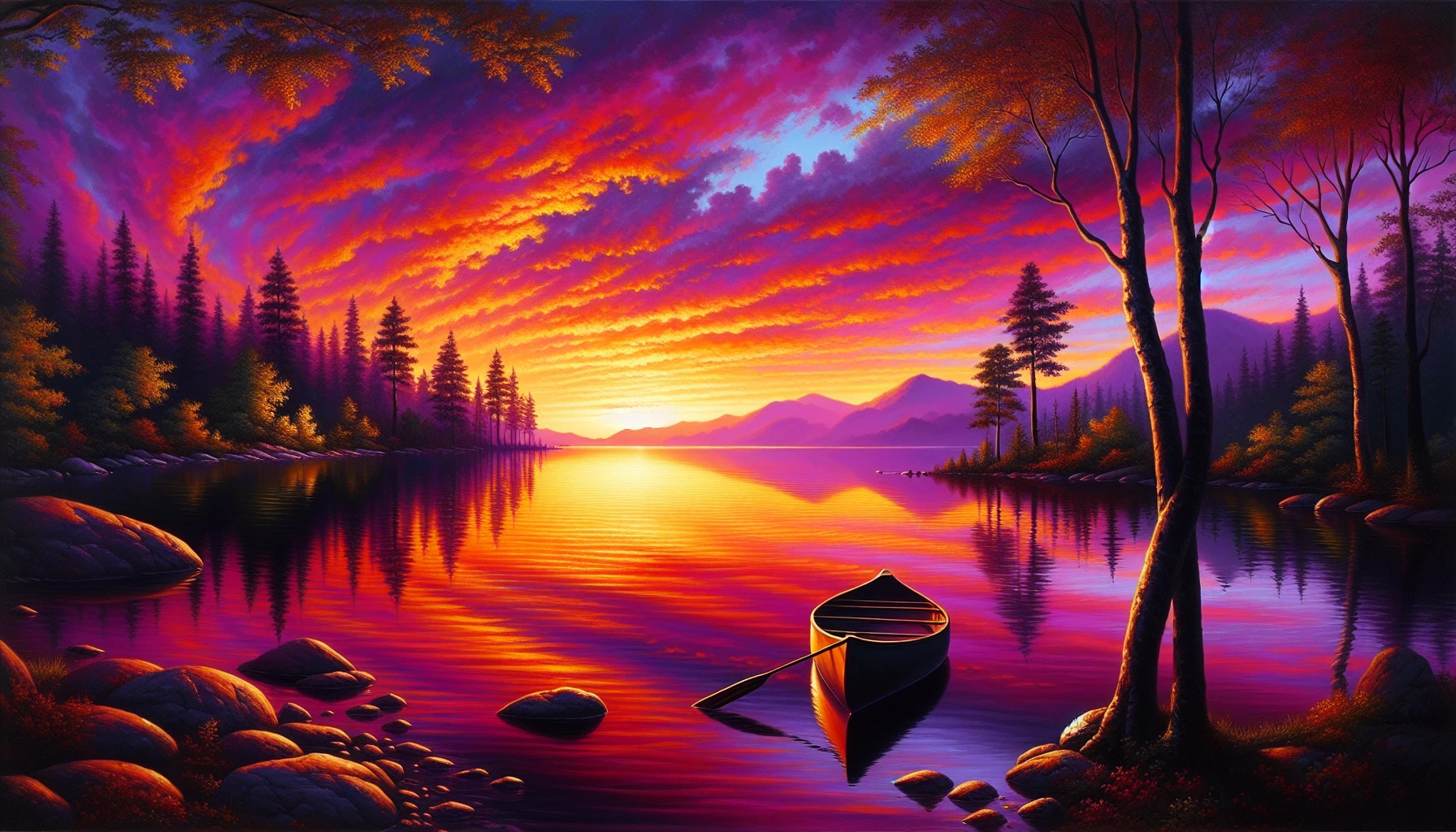 Picture a breathtaking sunset casting vibrant shades of orange, pink, and purple across a tranquil lake, its glassy surface mirroring the fiery sky above. Silhouettes of distant mountains frame the horizon, while scattered trees line the water's edge, their leaves gently rustling in the evening breeze. A lone canoe floats peacefully, inviting viewers to embrace the calm and warmth of this idyllic scene, where nature’s beauty unfolds in perfect harmony.