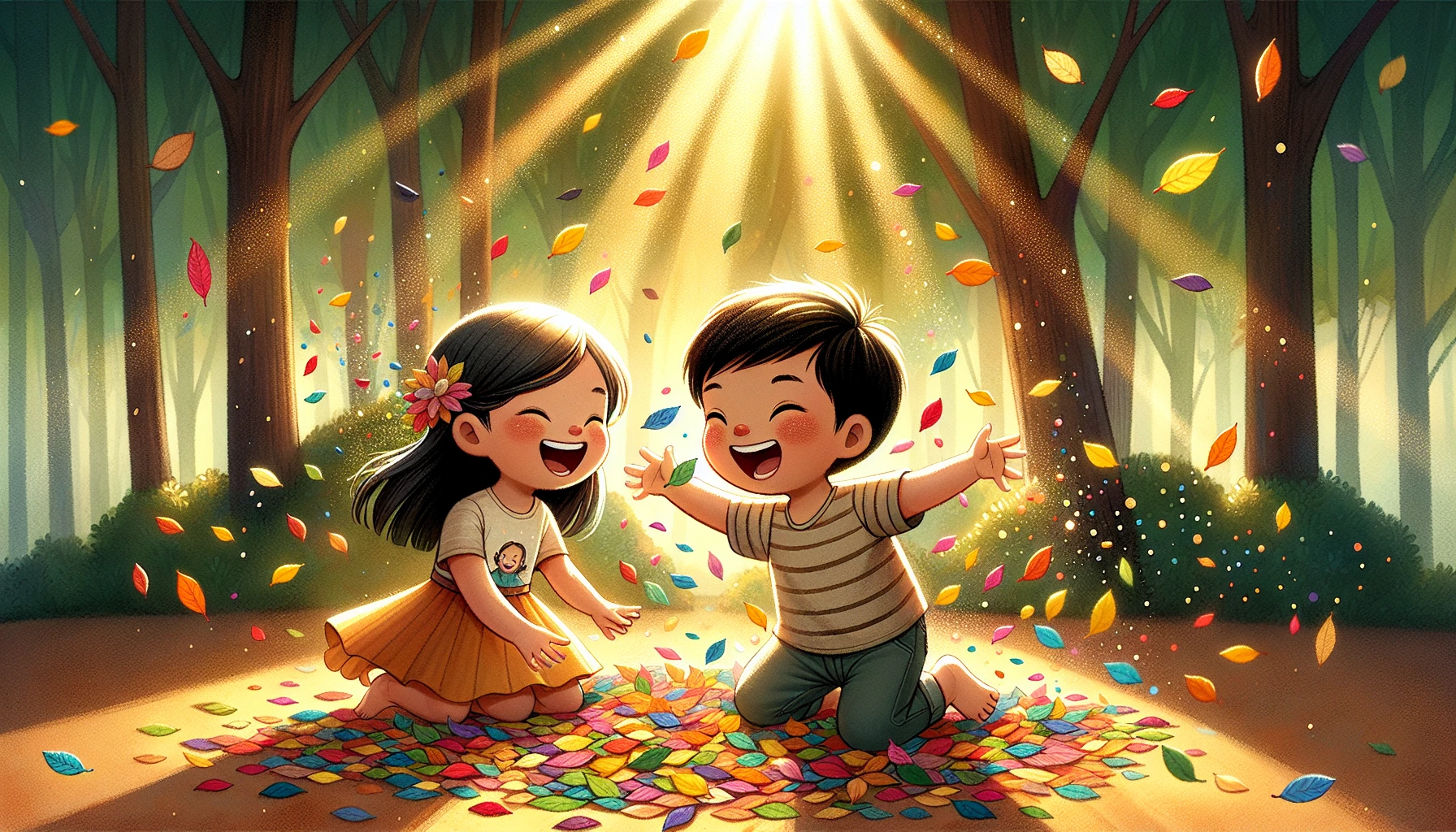 Capture a whimsical scene of two childhood friends, a boy and a girl, playfully teasing each other in a sun-drenched park. Their laughter echoes as they toss colorful leaves in the air, creating a vibrant cascade. The atmosphere is filled with joy and innocence, with dappled sunlight filtering through the trees, casting playful shadows on their smiling faces, evoking nostalgia for carefree days of youth.