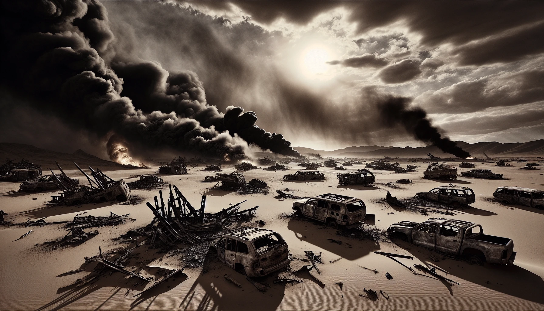 Envision a war-ravaged desert landscape, where the relentless sun scorches the sand and casts shadows over charred wreckage. Crumpled vehicles lie abandoned, their rusty frames intertwined with twisted metal and ashen debris. Billowing smoke rises ominously in the distance, while the air hangs heavy with the scent of destruction. A poignant silence envelops the scene, broken only by the distant echoes of conflict, evoking a haunting sense of loss and desolation.