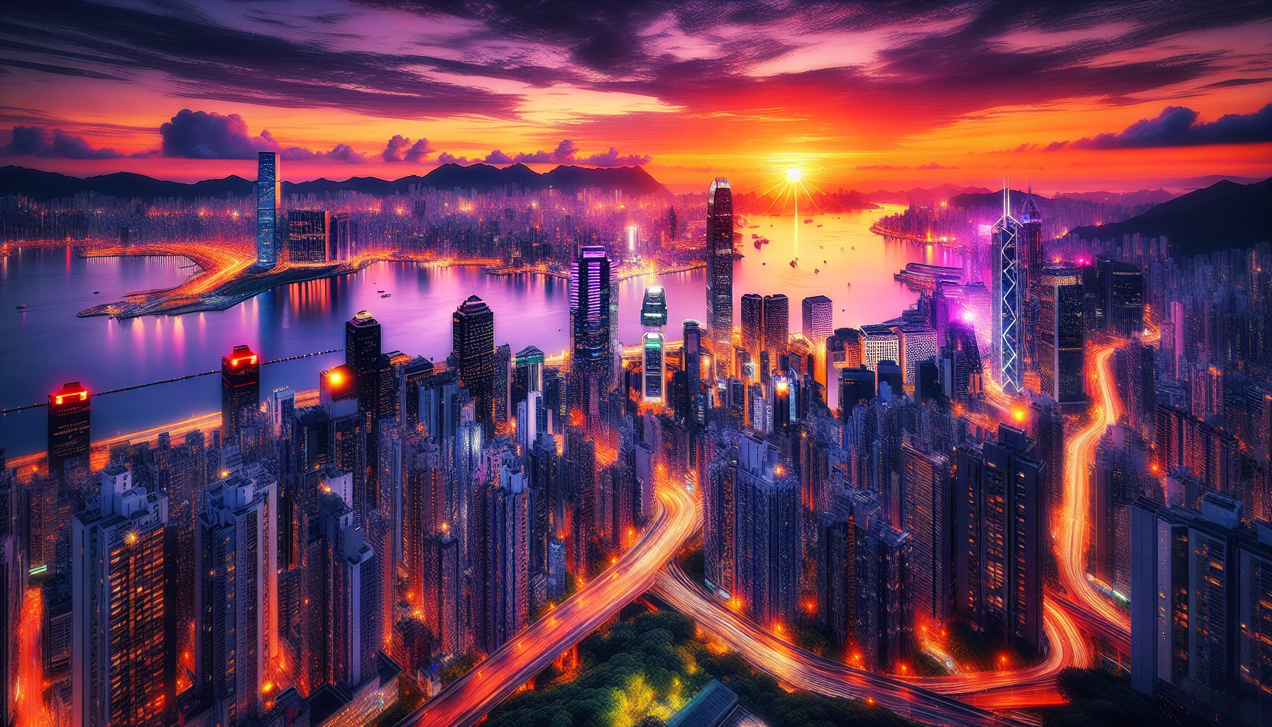 Capture a breathtaking HDR cityscape at dusk, where the sun dips below the horizon casting vibrant hues of orange and purple across the sky. Skyscrapers come alive with swirling lights, reflecting off tranquil waters below. The streets buzz with life, as streaks of car headlights create dynamic trails. Lush greenery peeks through urban corners, creating a harmonious blend of technology and nature in this stunning visual feast.