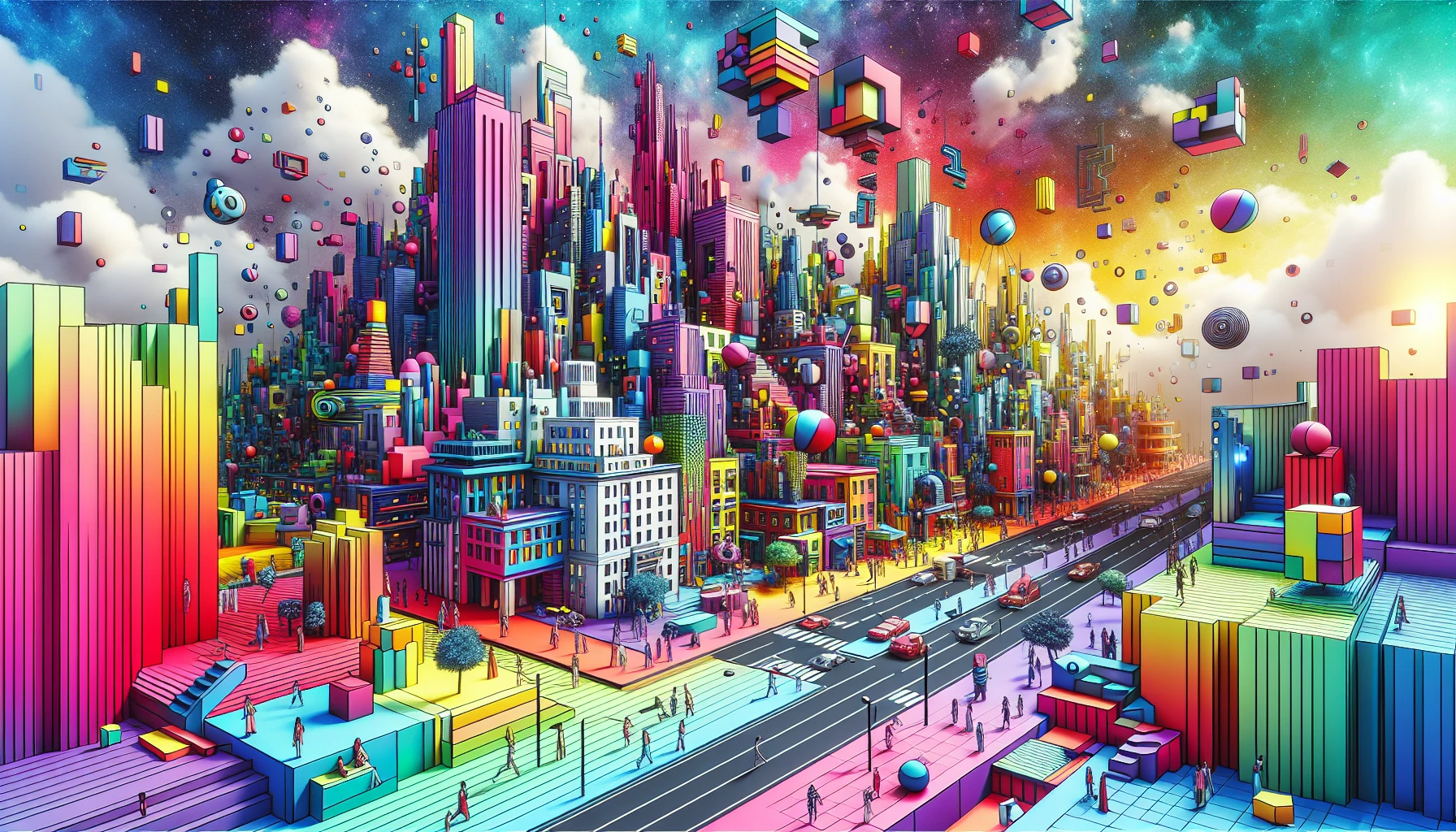 Imagine a vibrant cityscape where eclectic architectural styles collide, infused with bold colors and playful shapes. This postmodern vision features fragmented buildings, oversized sculptures, and surreal elements such as floating geometric forms and vivid murals. The streets are alive with diverse characters and whimsical activities, encapsulating the chaos and creativity of postmodern culture. The sky is a patchwork of colors, enhancing the dreamlike atmosphere of this urban wonder.