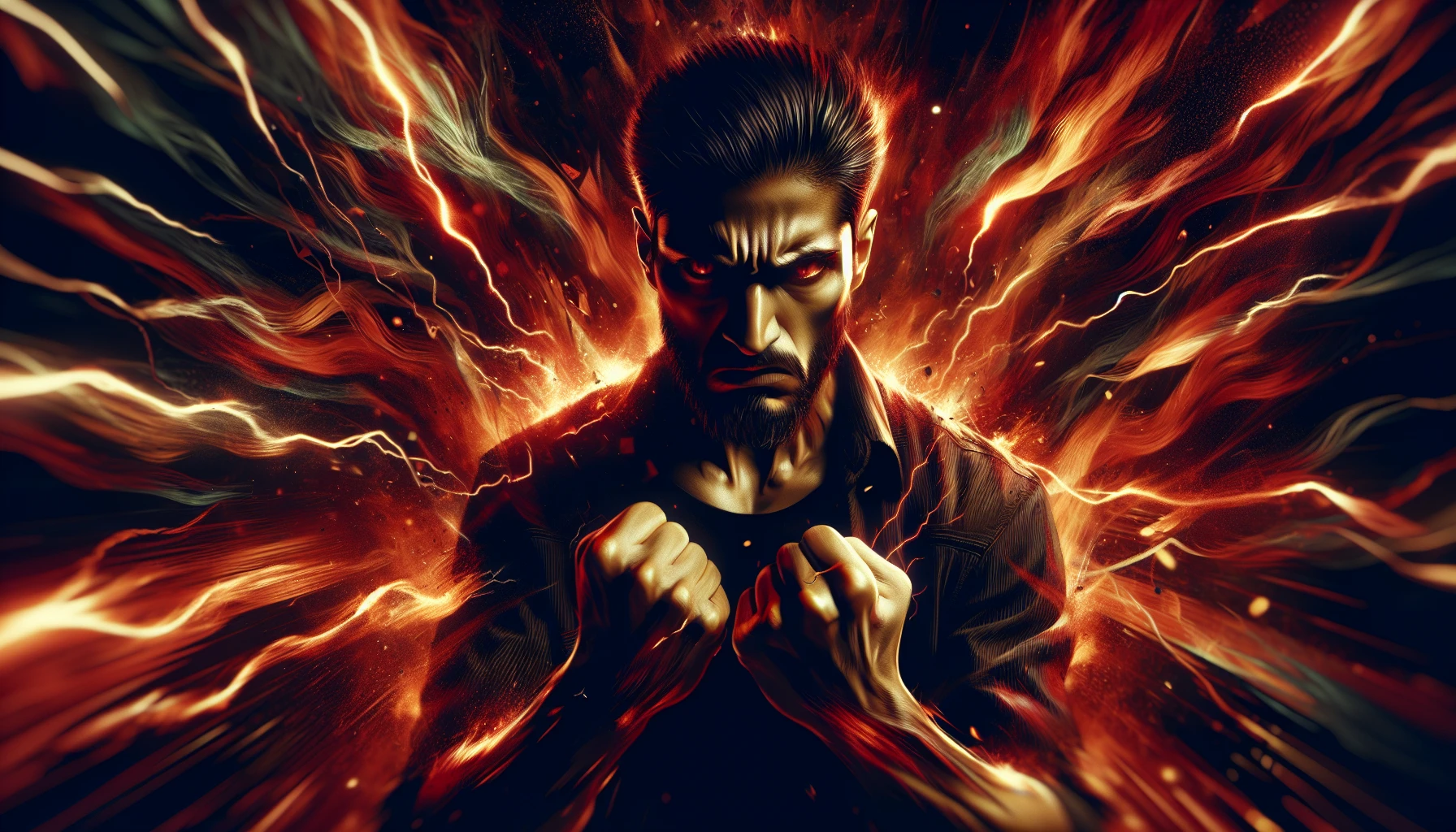 Capture a dynamic scene depicting a character in the midst of an intense emotional outburst. Dramatic lighting accentuates the tension, casting sharp shadows that enhance the character's furrowed brow and clenched fists. Surrounding elements, such as swirling winds or crackling energy, amplify the atmosphere, creating a sense of chaos and raw emotion. The color palette should reflect fiery reds and deep blacks to evoke a powerful, visceral experience.