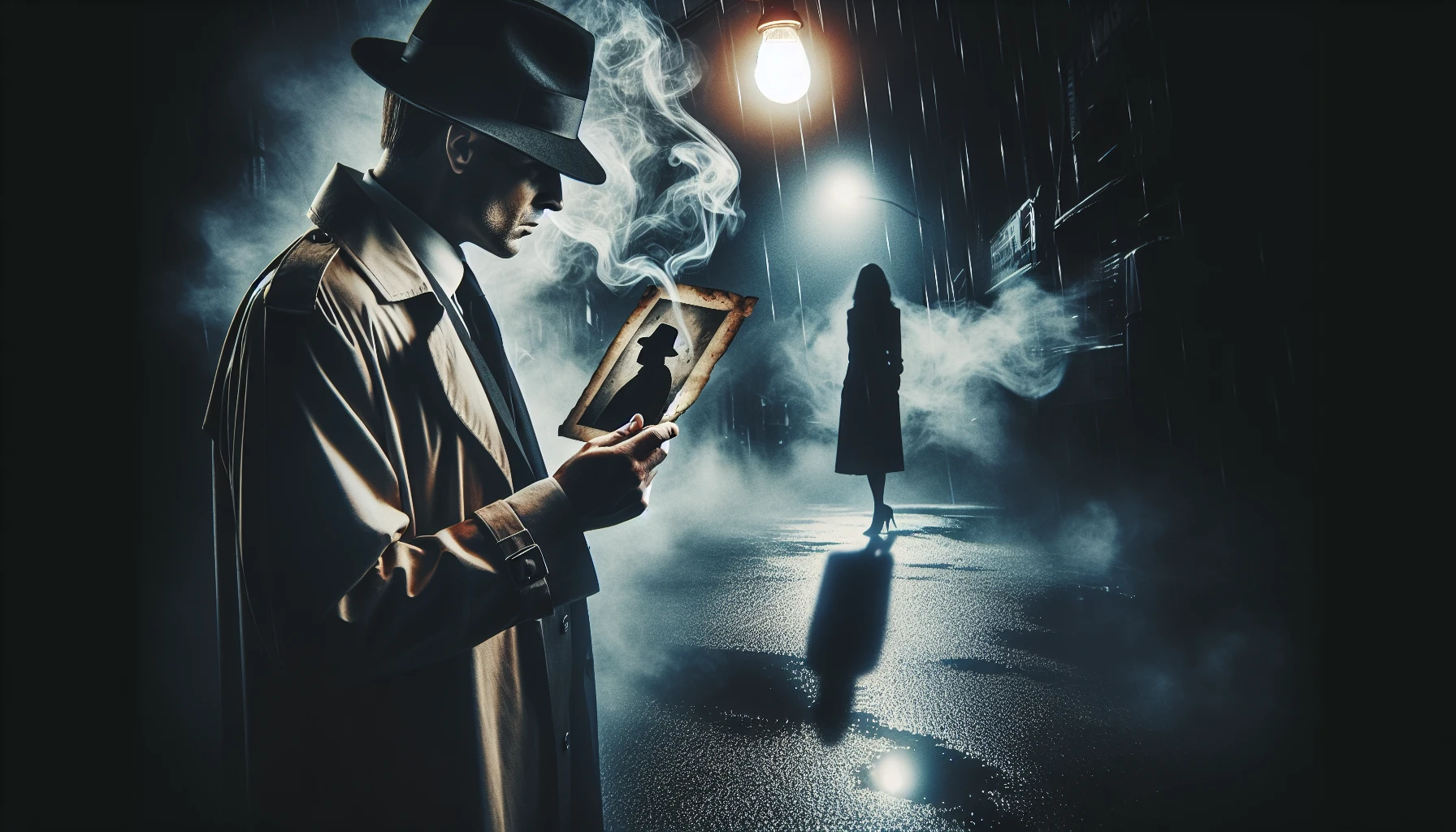 A brooding detective stands beneath a flickering streetlight, rain-soaked pavement glistening in the dim light. Clad in a fedora and trench coat, he scrutinizes a crumpled photograph in the moonlit fog, the outlines of a mysterious figure shrouded in darkness. Smoky tendrils swirl around him as he reflects on a tangled web of deceit, echoing footsteps hinting that he’s not alone in this shadowy labyrinth.