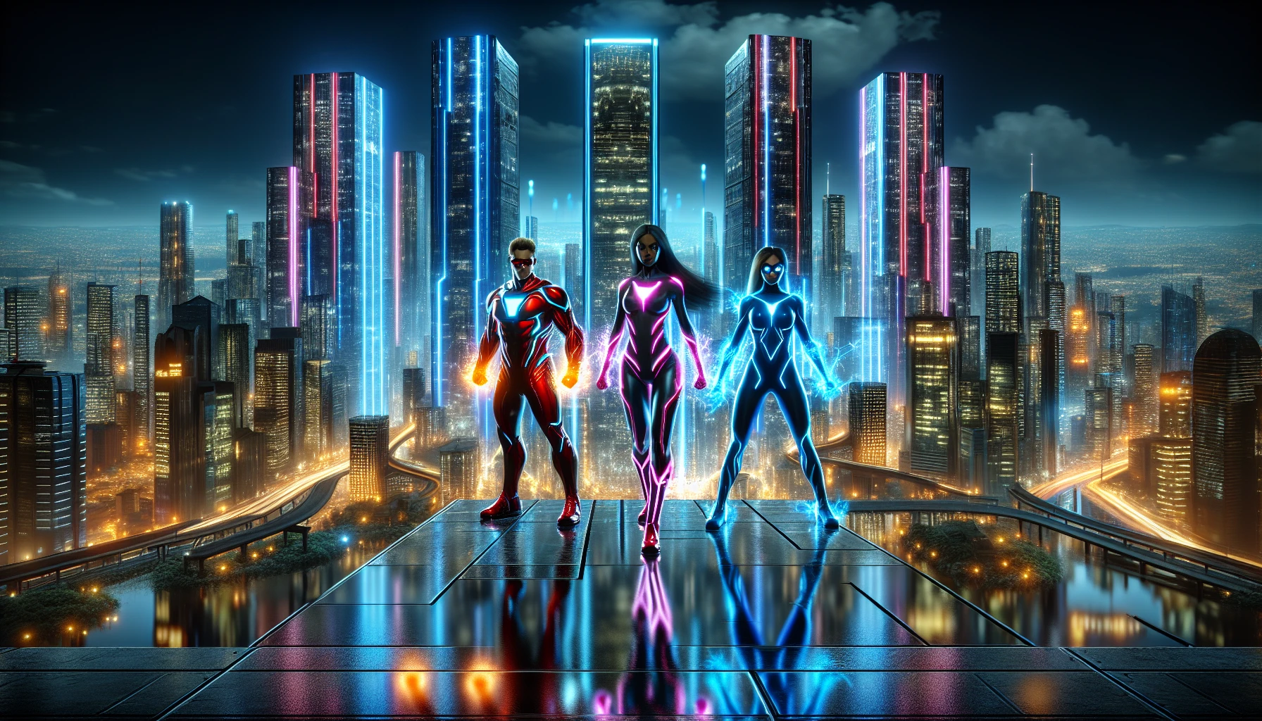 In a dazzling futuristic city, towering skyscrapers adorned with neon lights soar into the night sky, their reflections shimmering in the sleek waterways below. The superhero team, clad in vibrant, high-tech suits, stands poised on a rooftop, exuding strength and unity. Each hero showcases unique powers, ready to defend their metropolis from looming threats. The atmosphere crackles with energy, inviting viewers to witness their epic battle for justice amidst the breathtaking skyline.