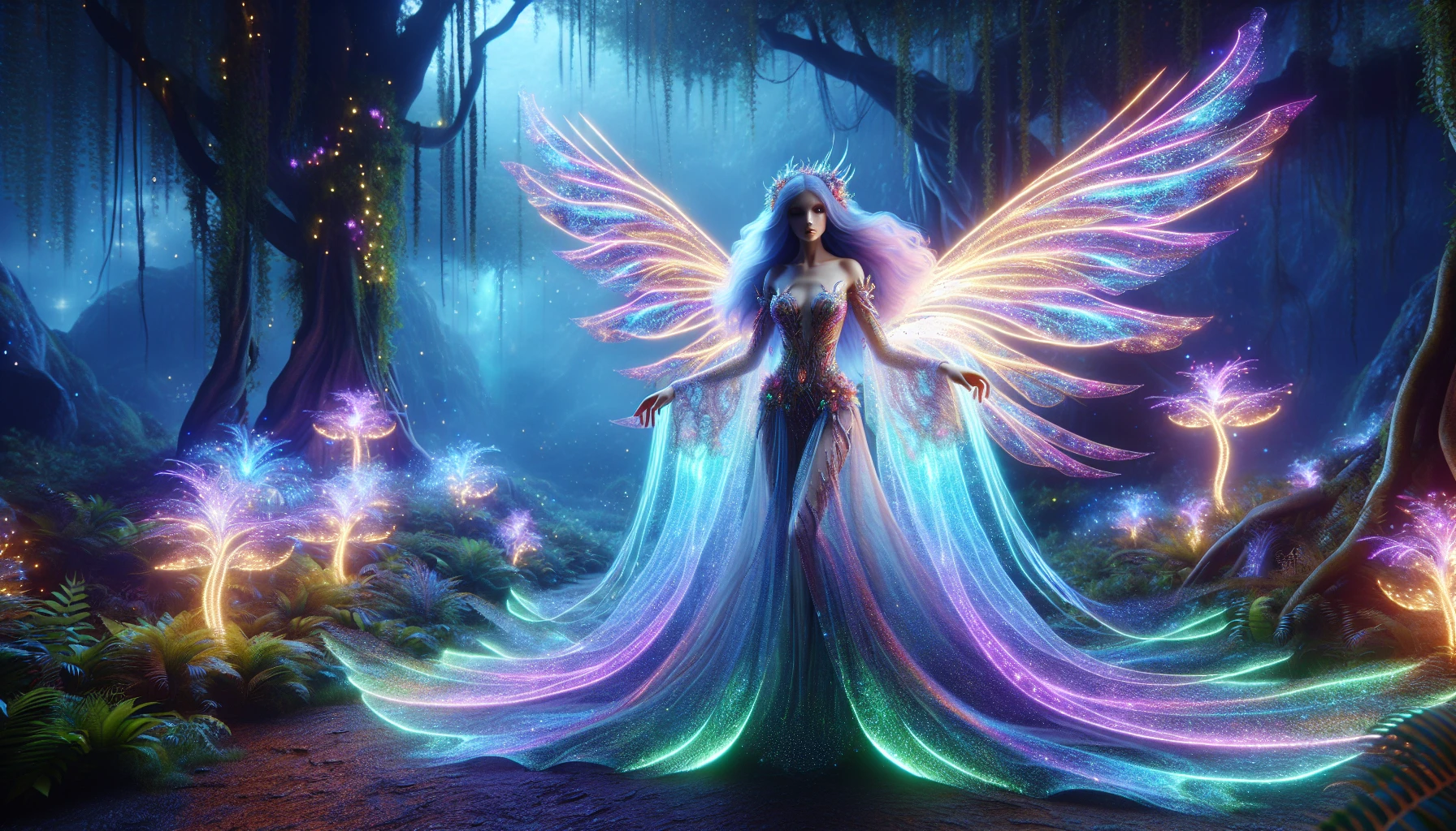 Imagine a stunning alien princess, adorned in an ethereal gown that shimmers with cosmic colors. Her luminous wings radiate a soft, iridescent light, reflecting hues of purple, blue, and gold. Surrounded by a mystical forest of bioluminescent flora, she stands gracefully, her otherworldly features framed by cascading hair that glows like starlight. The atmosphere is charged with magic, inviting viewers into her celestial realm.