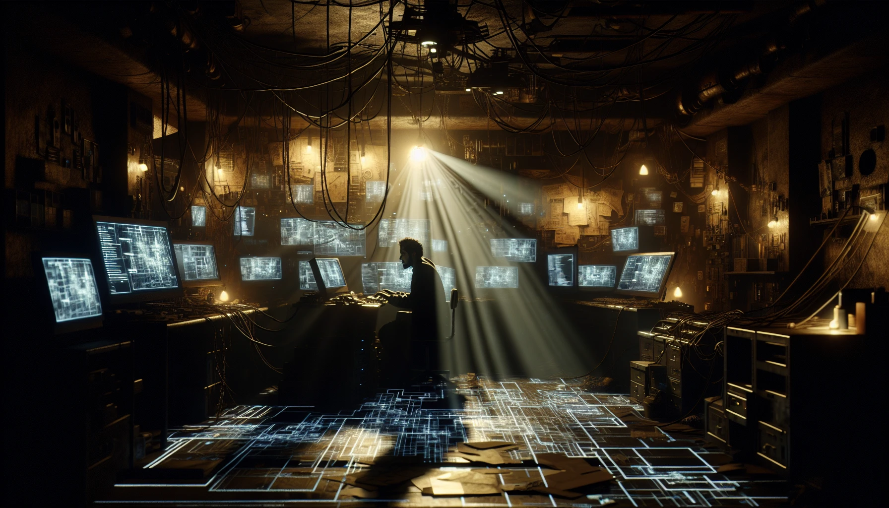 In a dimly lit underground lair, a maze of flickering monitors illuminates a chaotic expanse filled with tangled wires and glowing circuitry. Shadows dance around the walls, revealing scattered blueprints and old tech relics, while a central figure, clad in dark attire, furiously types away, their face aglow from the screen's light. The atmosphere buzzes with energy and anticipation, embodying the pulse of a digital rebellion.