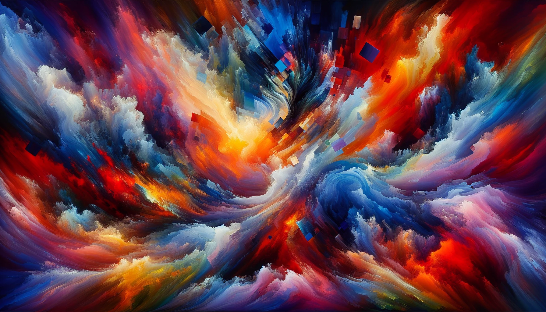 A vibrant explosion of colors intertwines and dances across the canvas, embodying the essence of abstract art. Geometric shapes and fluid brushstrokes collide, creating a harmonious yet chaotic visual symphony. Hues of deep blues and fiery reds clash and blend, while subtle textures evoke emotion. This piece invites the viewer to lose themselves in its depths and explore the myriad interpretations of art and life.