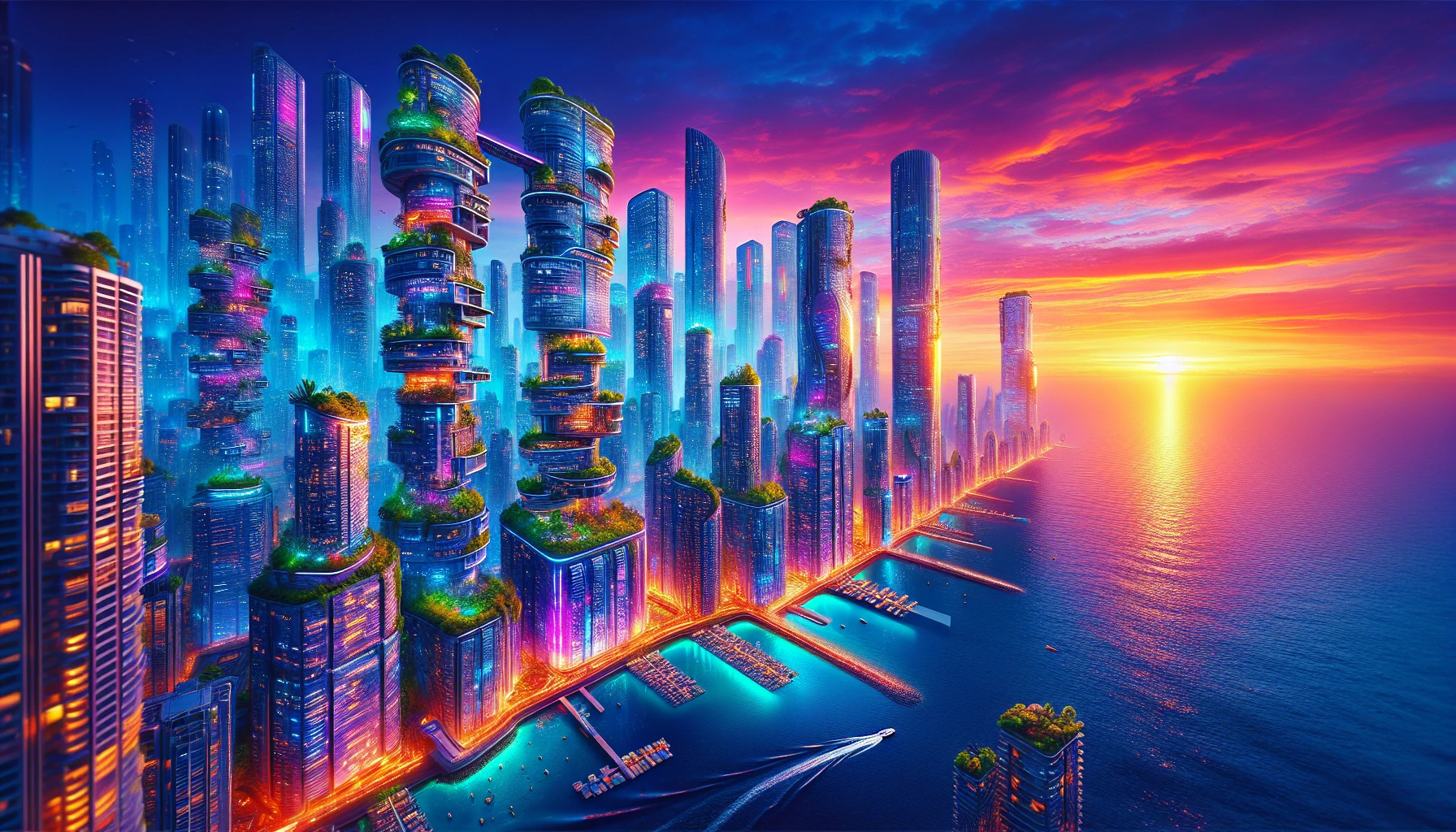 Picture a vibrant metropolis rising from an azure ocean, with sleek skyscrapers glistening in the warm hues of a breathtaking sunset. Neon lights begin to flicker to life as the sun dips below the horizon, casting brilliant oranges and purples across the skyline. Flying vehicles zip through the air, while lush, green terraces adorned with exotic plants wrap around buildings, blending nature with innovation in this stunning coastal utopia.