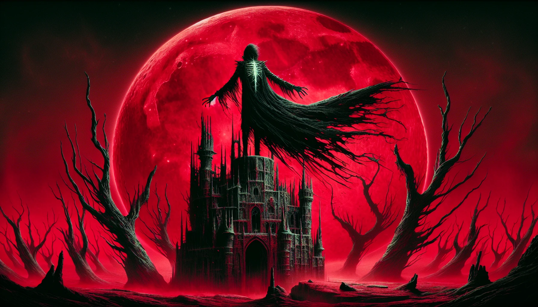 In a hauntingly beautiful scene, a lone figure stands atop a crumbling castle tower, silhouetted against a blood-red moon. Their long, tattered cloak billows in the chilling wind, while intricate tattoos glow softly along their arms. Dark, twisted trees surround the castle, their branches resembling skeletal hands reaching out. The air is thick with an eerie mist, amplifying the sense of dread that envelops this gothic anime world.