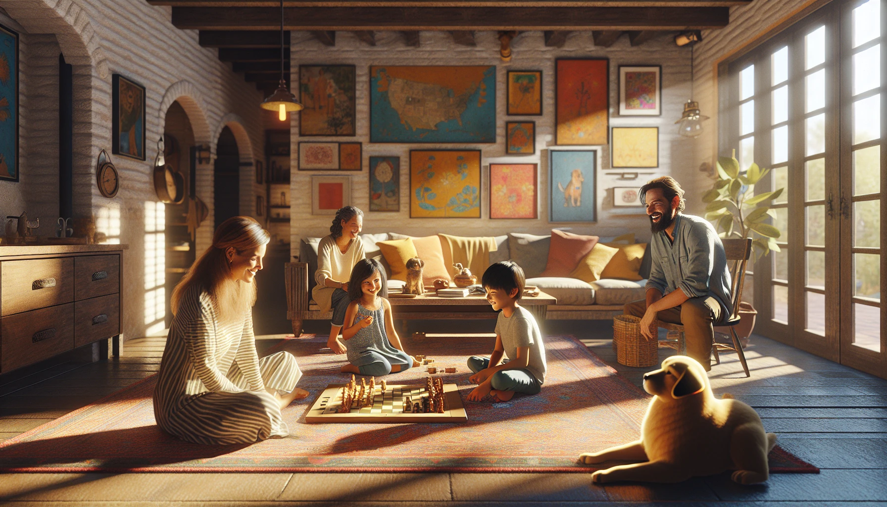 Capture a cozy family scene in a sunlit living room, where parents and children engage in various activities together. The warmth of laughter fills the air as they play board games on a plush rug, a dog rests peacefully in the corner, and colorful artwork adorns the walls. A home-cooked meal simmers in the kitchen, creating an inviting atmosphere of togetherness and love.