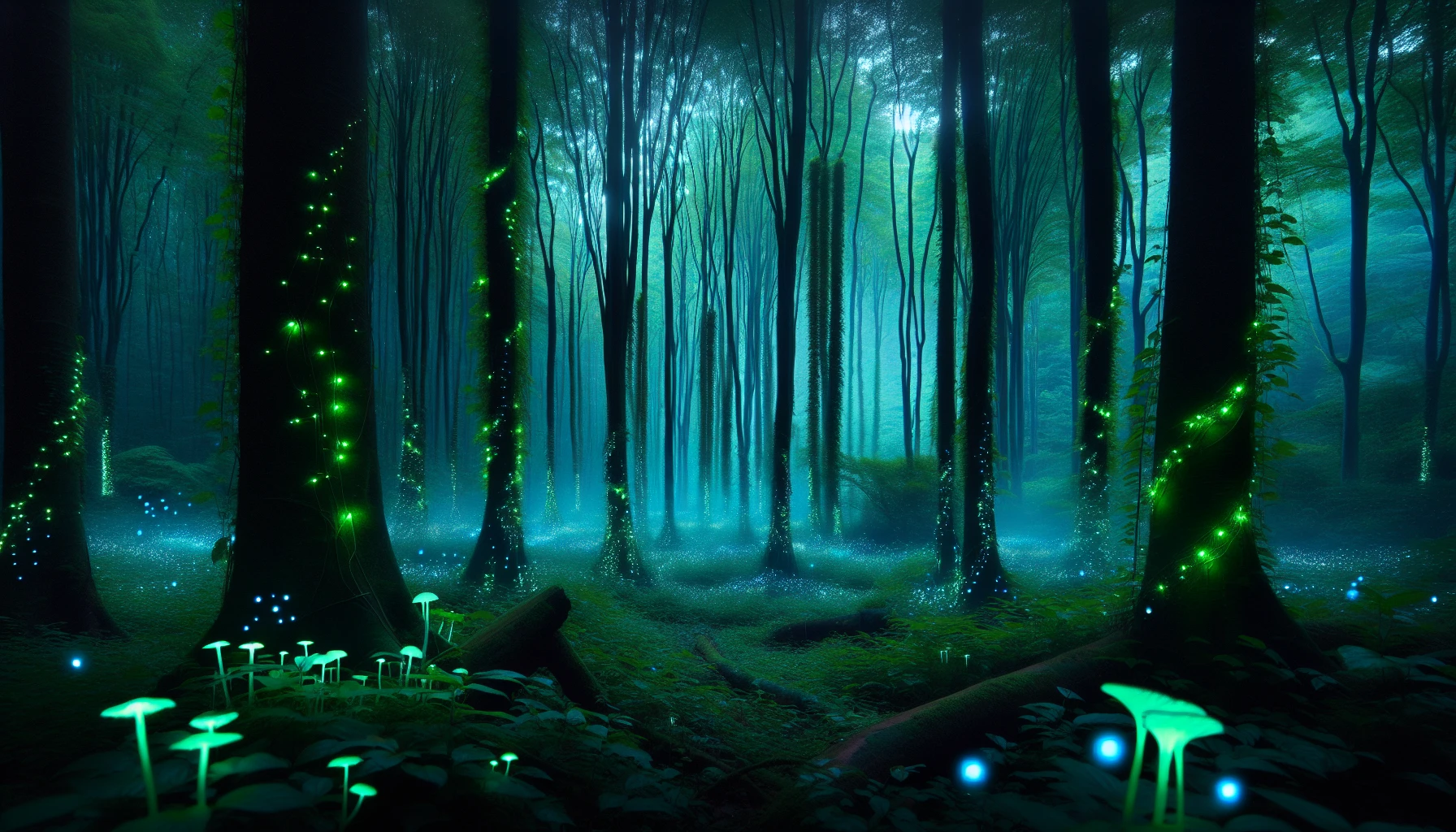 In a mystical woodland, towering trees draped in luminescent vines create an otherworldly atmosphere. The forest floor is alive with bioluminescent mushrooms, casting soft green and blue glows that dance gently in the twilight. Fireflies flit about, their flickering lights adding to the magic. Ethereal mist weaves through the trees, inviting wanderers into a serene, enchanted realm where nature's beauty thrives in enchanting hues.