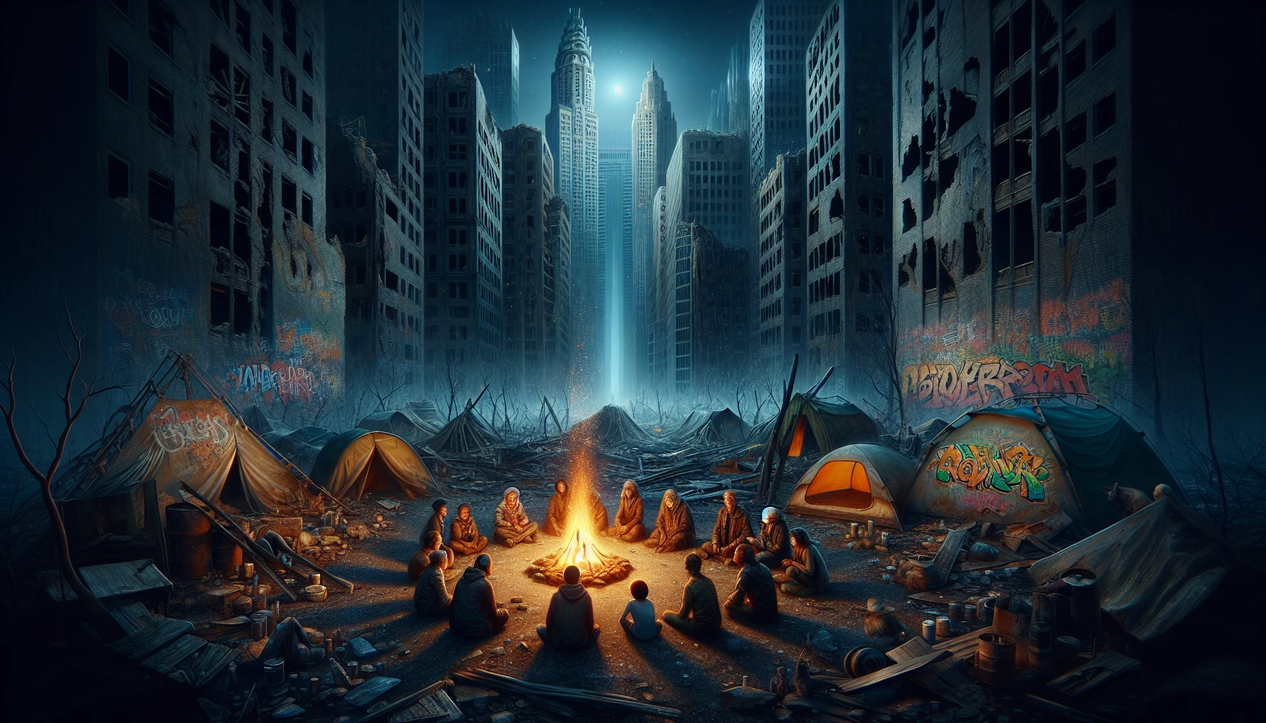 In a hauntingly beautiful scene, a flickering campfire illuminates a makeshift survivor camp nestled amidst crumbling skyscrapers and shattered concrete. The skyline is shrouded in darkness, with shadows creeping over graffiti-covered walls. Tattered tents and discarded remnants of a forgotten city surround the fire, where weary figures gather for warmth, sharing stories under the eerie glow of the moon, evoking a sense of resilience amid desolation.