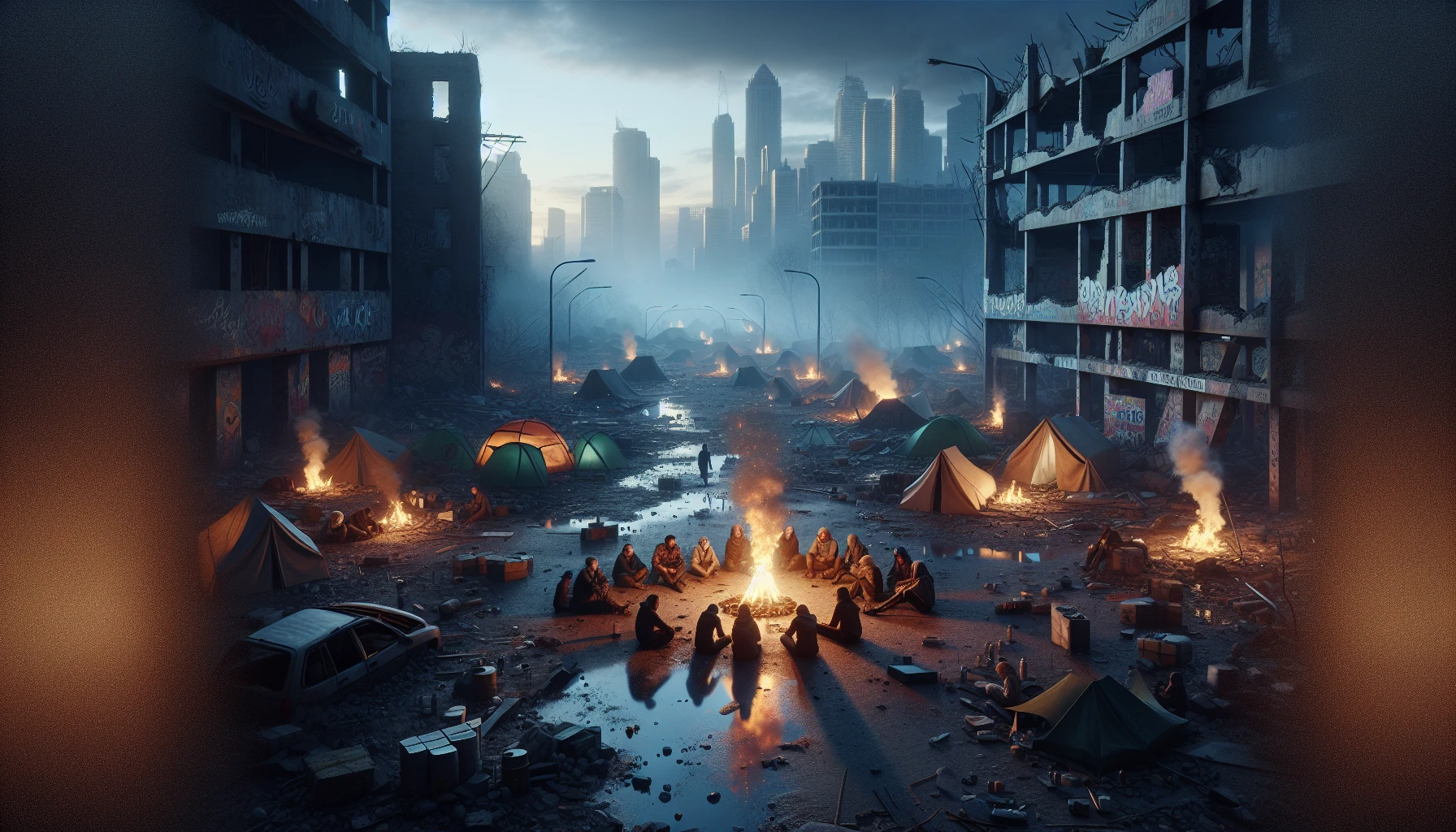 In the heart of a desolate urban landscape, a flickering campfire casts a warm glow against crumbling concrete walls and shattered glass. Shadows dance as survivors gather around, their weary faces illuminated by the flames, sharing stories of hope amidst the chaos. Ragged tents made from scavenged materials dot the scene, while graffiti-covered remnants of a once-vibrant city loom in the background, evoking a haunting yet resilient spirit.