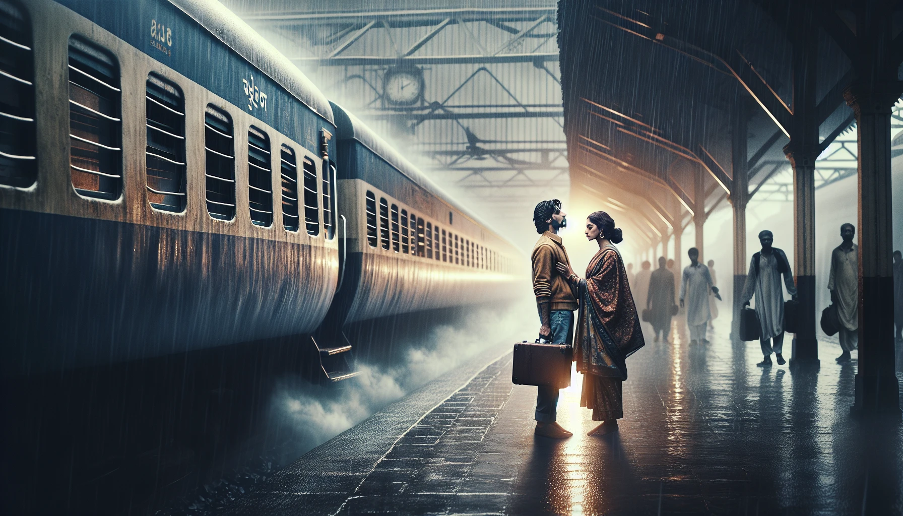 Capture a poignant scene at a bustling train station, where a tearful goodbye unfolds between two lovers. The cold steel of the train contrasts with their warm embrace, as rain softly falls and blurs the world around them. Fog envelops the scene, while the distant whistle of the train signals the inevitable departure, heightening the emotional tension and sense of longing in this heartbreaking moment.