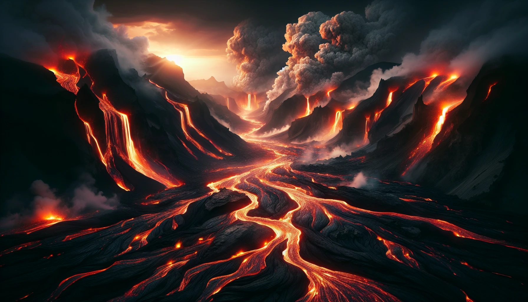 Immerse yourself in a breathtaking scene where rivers of molten lava cascade down jagged cliffs, illuminating the dark, barren volcanic terrain. The glowing orange and red hues contrast starkly against rugged black rock formations and patches of dark ash. Billowing clouds of smoke swirl above, while the distant rumble of the earth hints at the raw power of the landscape, evoking both awe and respect for nature's fury.