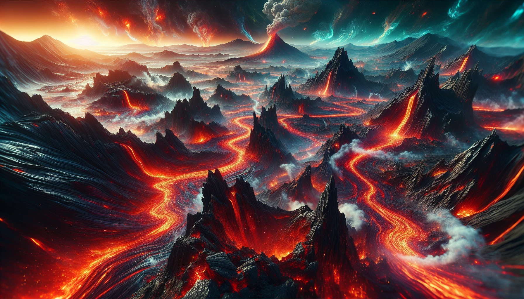 Immerse yourself in a breathtaking scene where rivers of molten lava flow through a rugged, desolate volcanic landscape. Jagged black rock formations rise dramatically from the glowing, red-orange currents, casting an eerie light. Wisps of smoke and ash swirl in the air, while distant eruptions create an atmosphere of raw power. The vivid colors and contrasting textures invite you to explore this captivating yet dangerous realm.