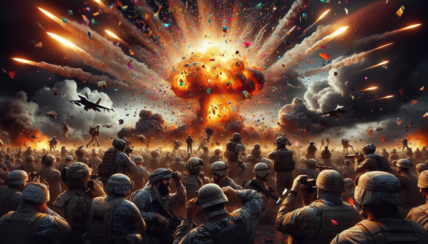 A colossal explosion ignites the battlefield, casting a fiery glow across the chaotic scene. Soldiers, caught in the raw intensity, shield their eyes as debris showers down like confetti. Smoke billows into the sky, mingling with the dark clouds above. The ground trembles underfoot, illuminated by vivid bursts of orange and yellow, creating a surreal contrast against the stark silhouettes of warriors bracing for impact.