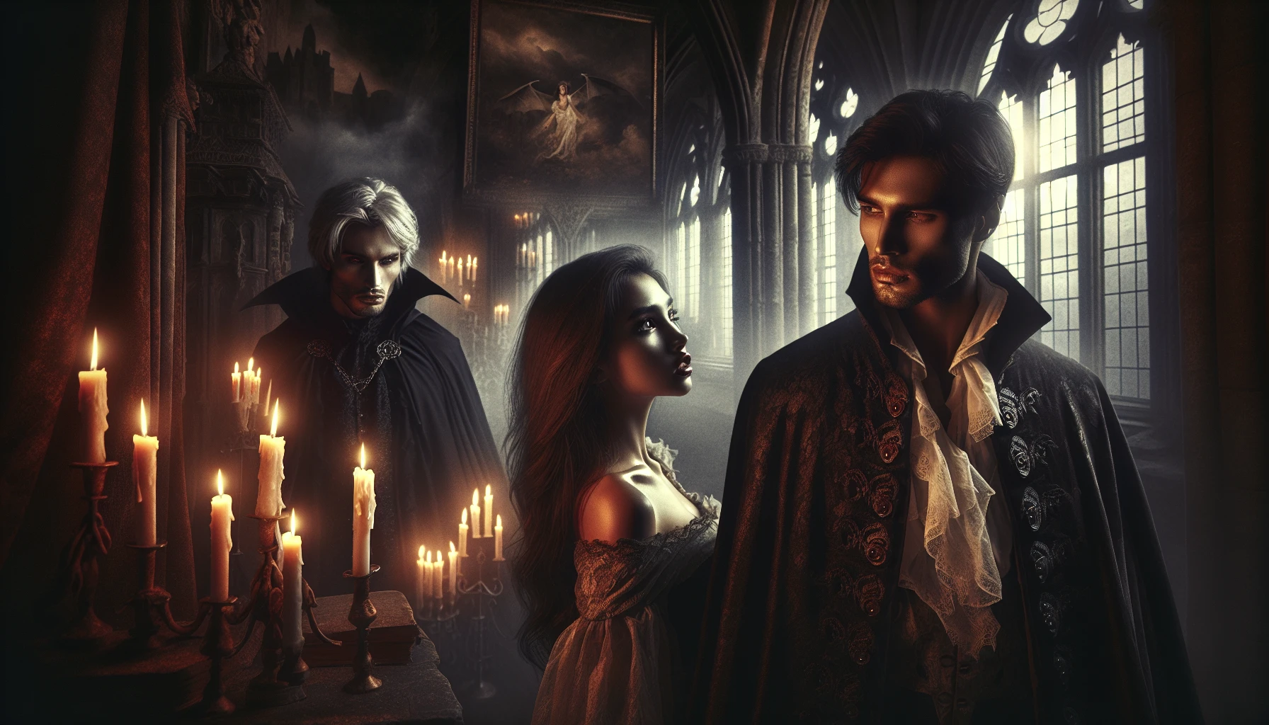 A brooding vampire and a spirited young woman share an intense gaze within the dimly lit halls of a crumbling gothic castle. Eerie candlelight flickers against stone walls adorned with ancient tapestries. Outside, a storm brews, casting shadows that dance around them. In this timeless encounter, desire and danger intertwine, as the haunting beauty of their connection echoes through the ages, binding their fates forever.