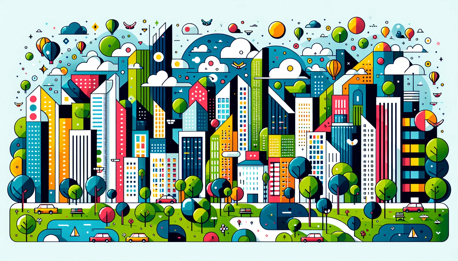 A vibrant, engaging illustration showcasing a cityscape crafted entirely in flat design style. The skyline features colorful, minimalistic buildings with geometric shapes, complemented by a bright blue sky scattered with whimsical clouds. Lush green parks and stylized trees populate the foreground, while playful, flat-designed vehicles zip along the streets. This artwork captures a lively urban atmosphere, inviting viewers to explore the tranquility within a dynamic setting.