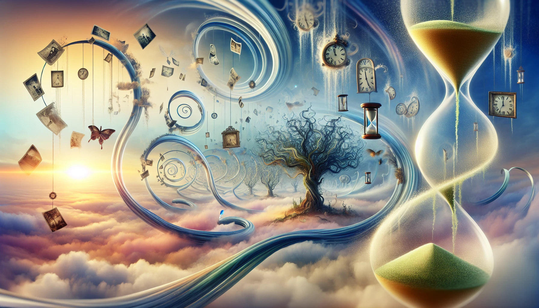 Imagine a surreal landscape where flowing streams of clock hands drift amidst vibrant, swirling colors, representing memories cascading through the air. Delicate wisps of fog blend with fragments of photographs, evoking nostalgia and the passage of time. In this dreamlike scene, ancient trees twist into the shapes of hourglasses, while the sky glimmers with soft pastels, creating a tranquil atmosphere that connects the past to the present.