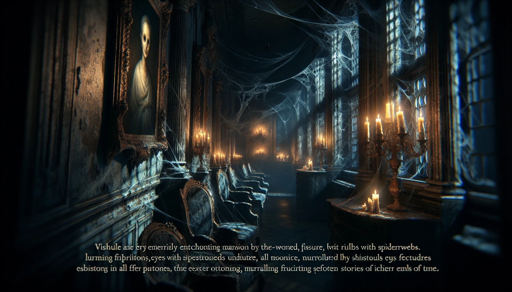 Step into a hauntingly beautiful mansion, where flickering candlelight dances across aged, cracked walls adorned with cobwebs. Shadows stretch and sway, revealing faded portraits whose eyes seem to follow your every move. A chilling breeze sweeps through dusty hallways, whispering secrets of former residents. In the dim light, ornate furnishings tell tales of grandeur, now haunted by time, evoking a sense of mystery and melancholy.