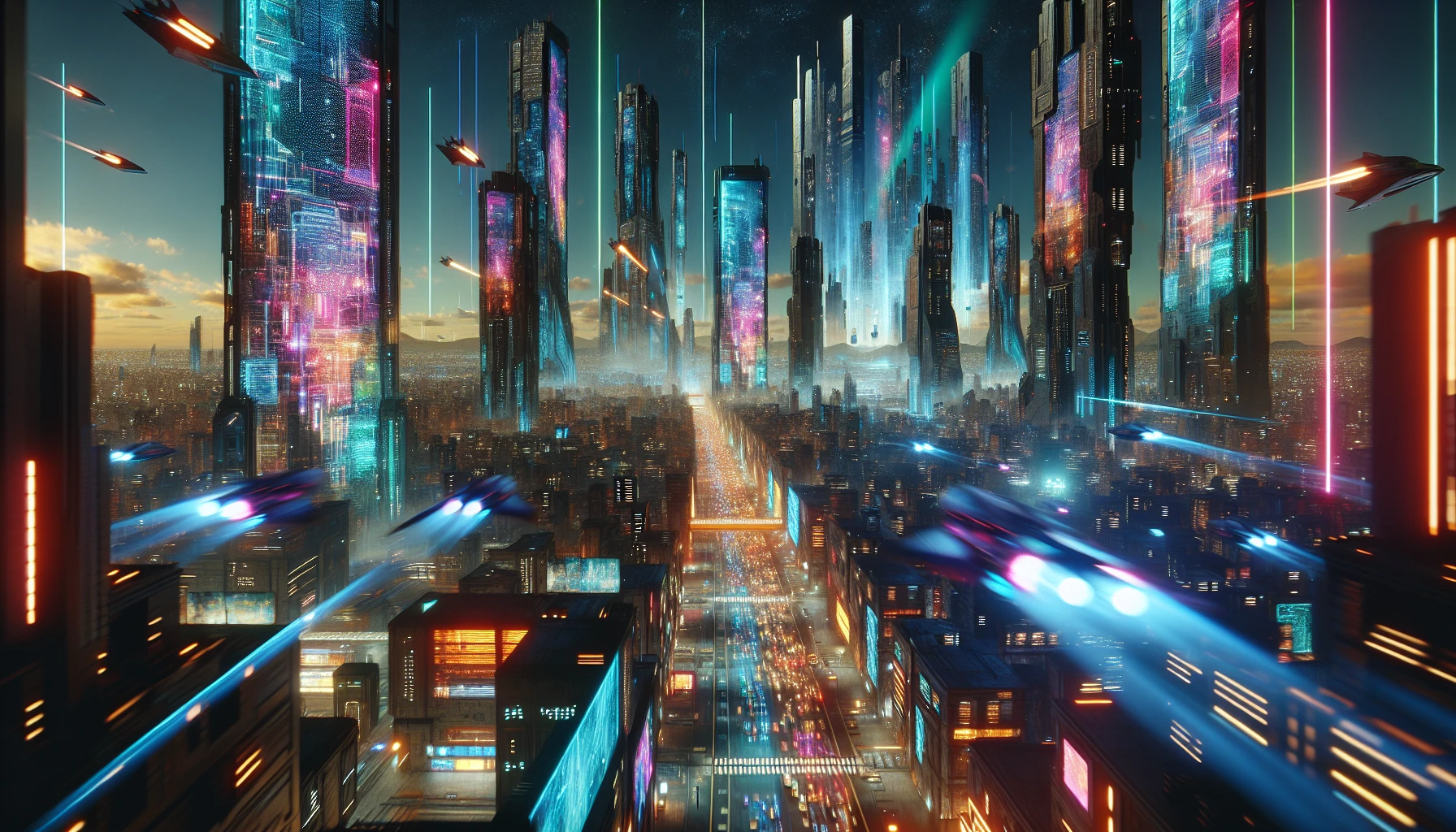 Immerse yourself in a dazzling cyberpunk skyline where towering skyscrapers pierce the night sky, each adorned with vibrant holograms and pulsating neon lights. Flying cars zip through the air, casting fleeting shadows that dance across the streets below. The atmosphere crackles with energy, as deep shadows enhance the vivid glow of colors, creating a striking backdrop that pulses with life and futuristic allure.