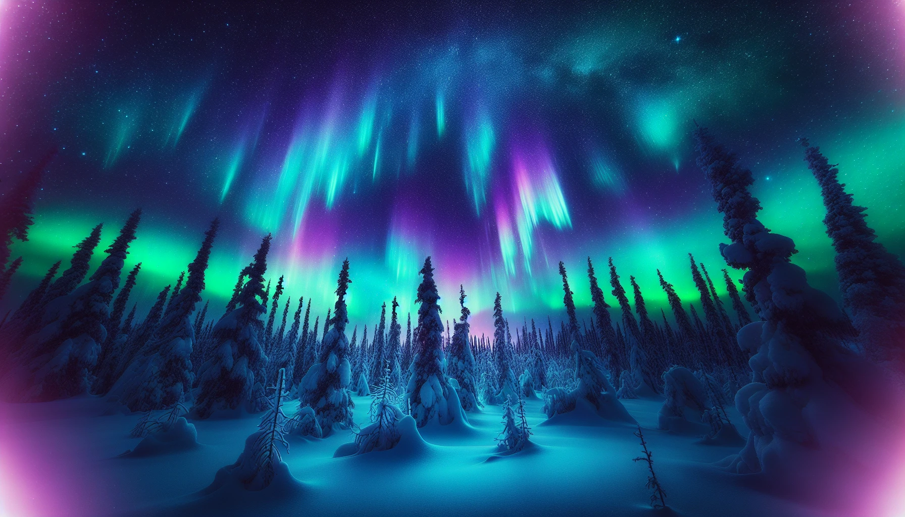 Picture a breathtaking night sky illuminated by vibrant hues of green, purple, and blue as the aurora borealis swirls and shimmers above a serene, snow-covered landscape. The stars twinkle like diamonds against the deep velvet of the universe, and a tranquil forest in silhouette frames the scene below. Wisps of shimmering light undulate like a celestial ballet, captivating the heart and soul with nature's magic.