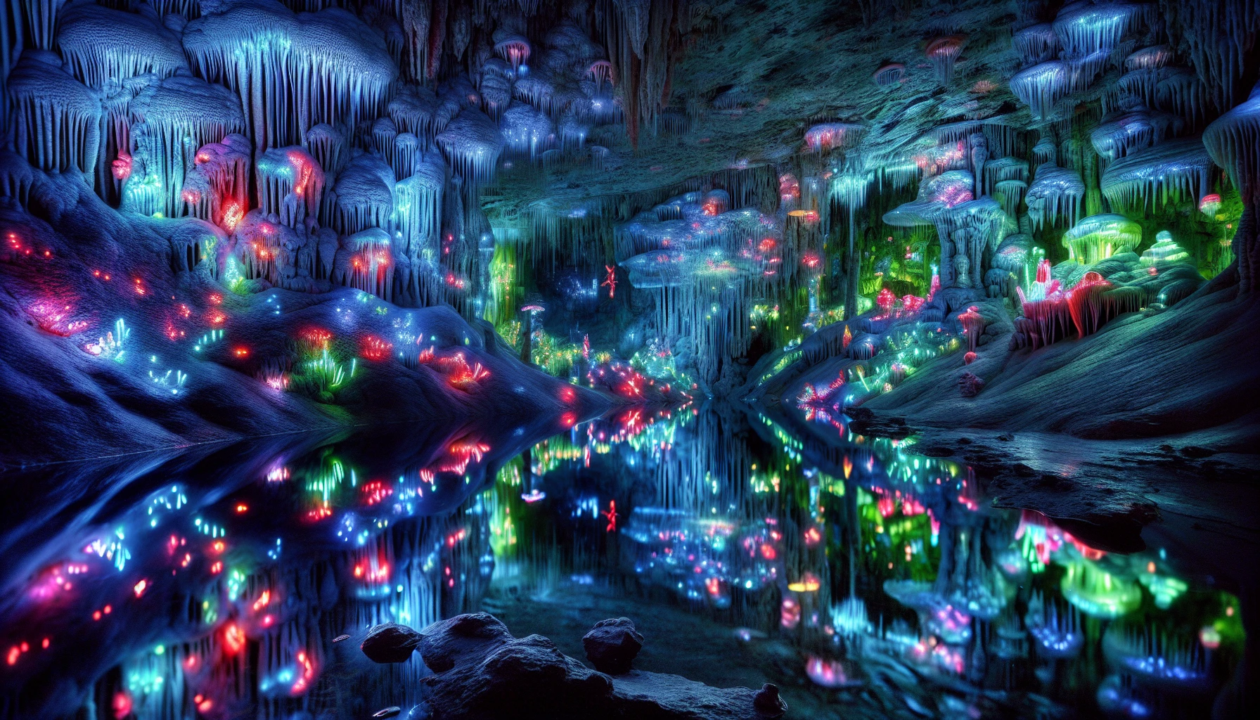 Create an enchanting scene of a vast underground cave, illuminated by bioluminescent fungi and glowing crystals. Stalactites hang from the ceiling like chandeliers, casting a soft, ethereal light on the shimmering underground lake below. Delicate, colorful creatures flit through the air, while a gentle mist rises from the water’s surface. The vibrant colors and mystical atmosphere invite exploration into this hidden, magical world.