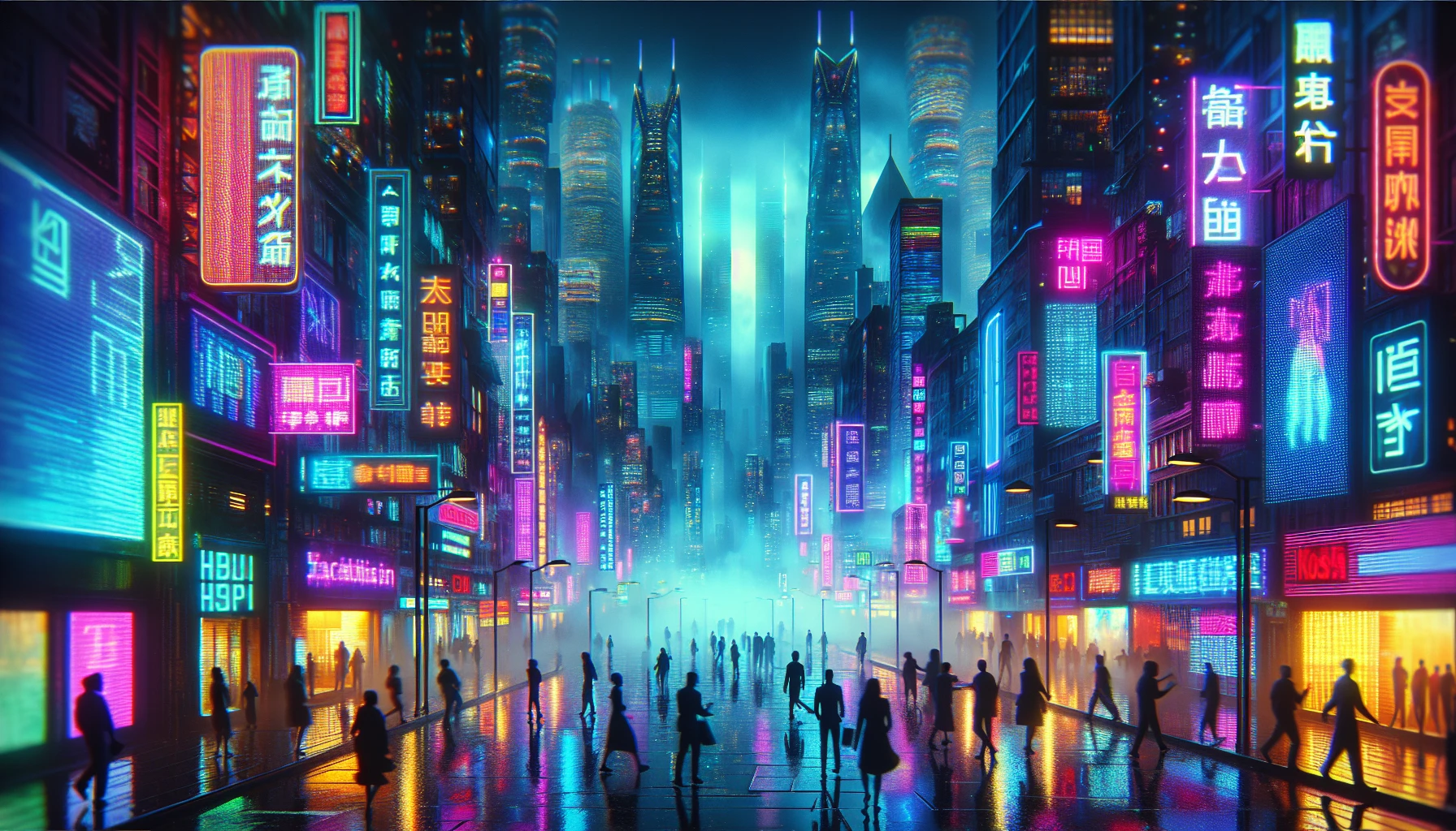 Immerse yourself in a neon-drenched cyberpunk metropolis, where towering skyscrapers pierce the twilight sky. Rain-slicked streets twinkle with reflections of vibrant holographic billboards and pulsating LED signs, creating a mesmerizing dance of colors. Shadowy figures rush by, their silhouettes illuminated by the electric glow. A subtle mist hangs in the air, adding to the atmosphere of intrigue and adventure in this bustling, futuristic cityscape.