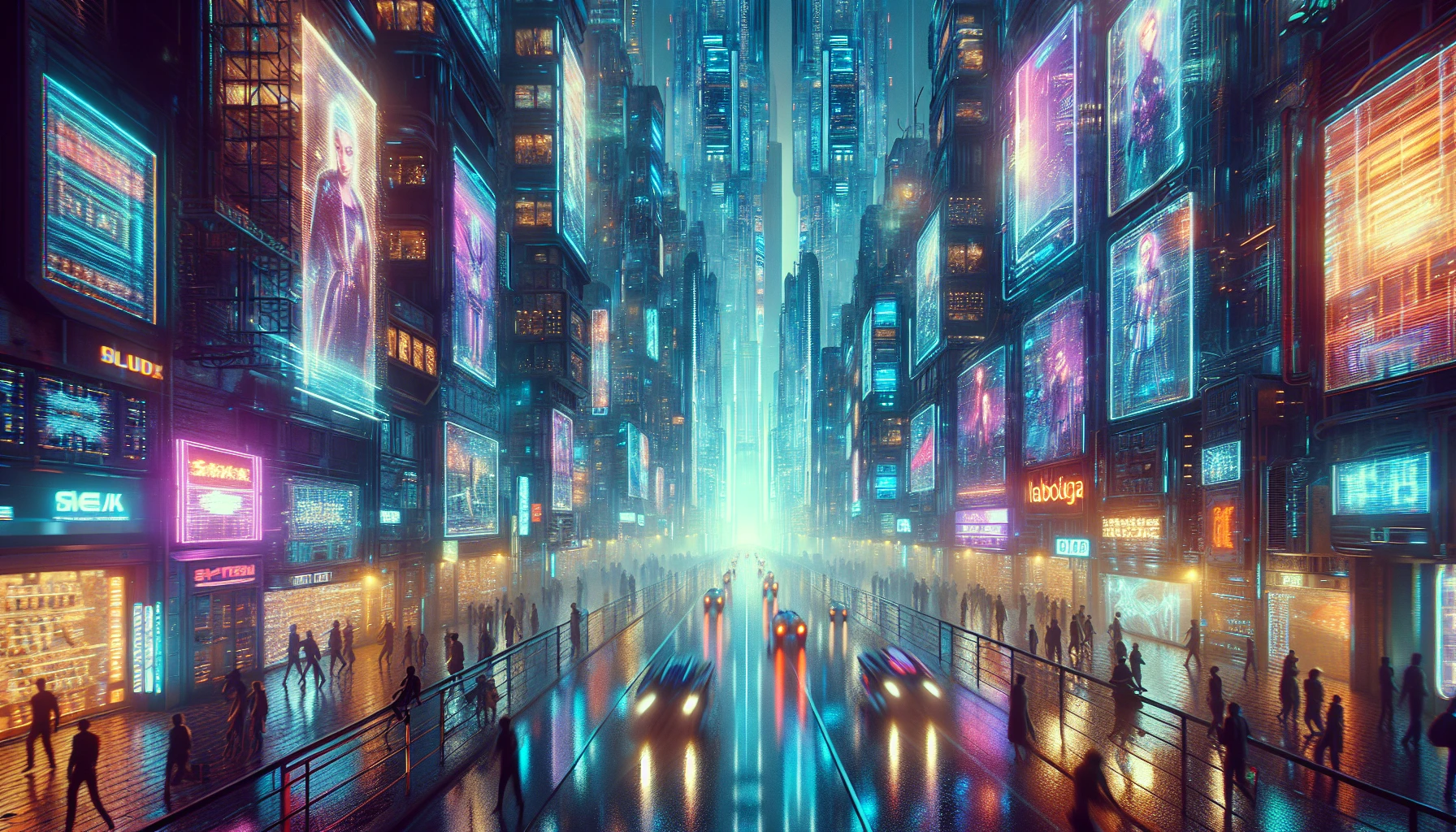 Immerse yourself in a vibrant cyberpunk metropolis, where towering skyscrapers gleam under pulsating neon lights. A labyrinth of futuristic streets buzzes with autonomous vehicles and holographic advertisements. The air is thick with the hum of technology and the scent of rain-soaked asphalt. Diverse characters clad in dazzling tech-wear navigate the urban sprawl, their faces illuminated by the glow of screens, creating a mesmerizing tapestry of life in a high-tech world.