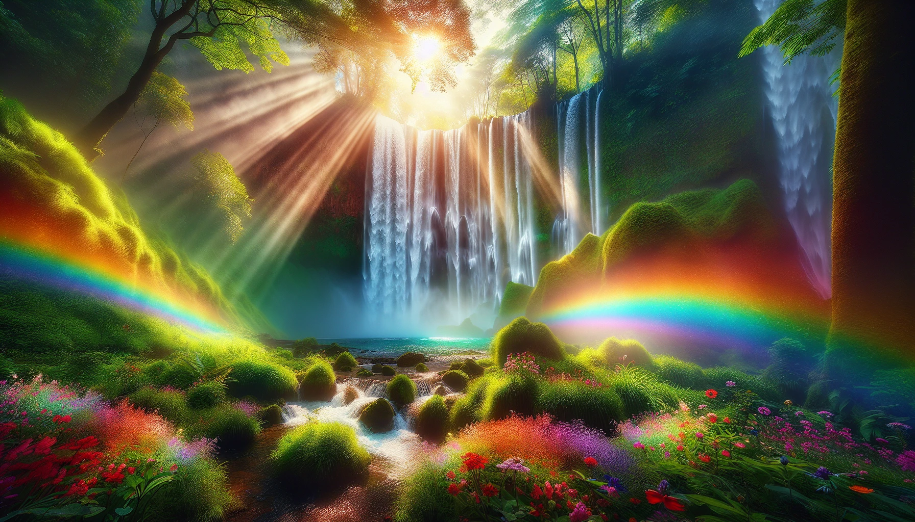 Capture the enchanting beauty of Rainbow Veil Falls, where cascading waters shimmer with vibrant hues. Sunlight filters through a lush canopy, creating a dazzling spectacle as the mist refracts into a myriad of colors. Surrounding the falls, delicate wildflowers bloom, adding splashes of natural beauty to the scene. This serene haven invites viewers to immerse themselves in the magic of nature's palette, evoking wonder and tranquility.