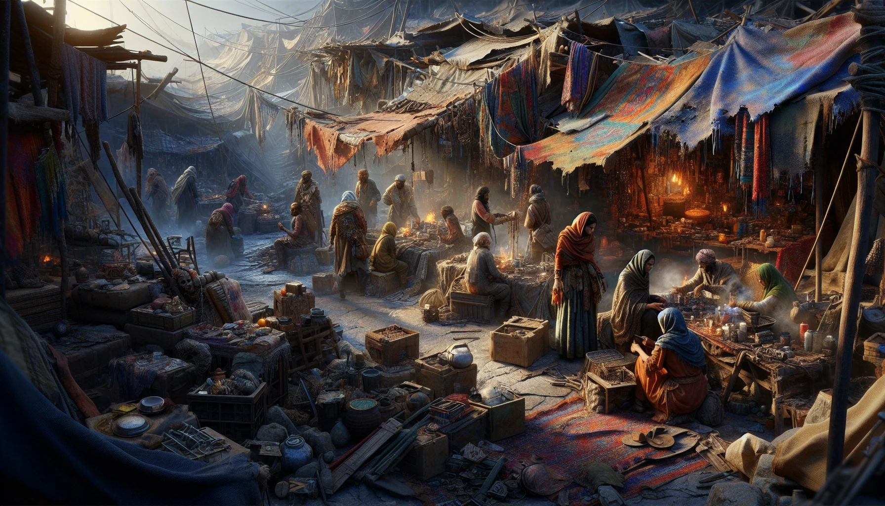 Imagine a bustling marketplace set in a post-apocalyptic world, where makeshift stalls crafted from scrap metal and tattered tarps create a vibrant patchwork of color against the desolate backdrop. Survivors barter for essentials, their faces marked by the struggles of survival. Flickering firelight casts shadows as they huddle around improvised shelters, sharing stories and hope amid the ruins, while scavenged goods hang from every corner, showcasing resilience and resourcefulness.