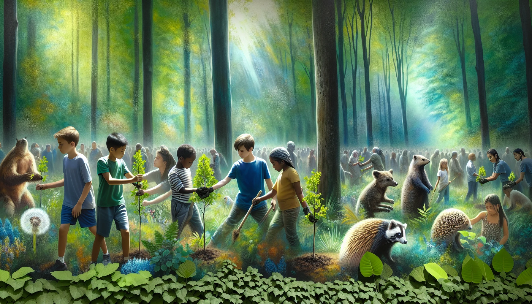 A vibrant scene unfolds in a lush, green forest, where towering trees cradle an array of colorful flora and fauna. Sunlight filters through the canopy, illuminating a group of children planting saplings, their faces alight with joy and determination. Nearby, a striking mural depicting endangered species reminds viewers of the urgent need for conservation. This image encapsulates hope, unity, and the power of environmental stewardship.