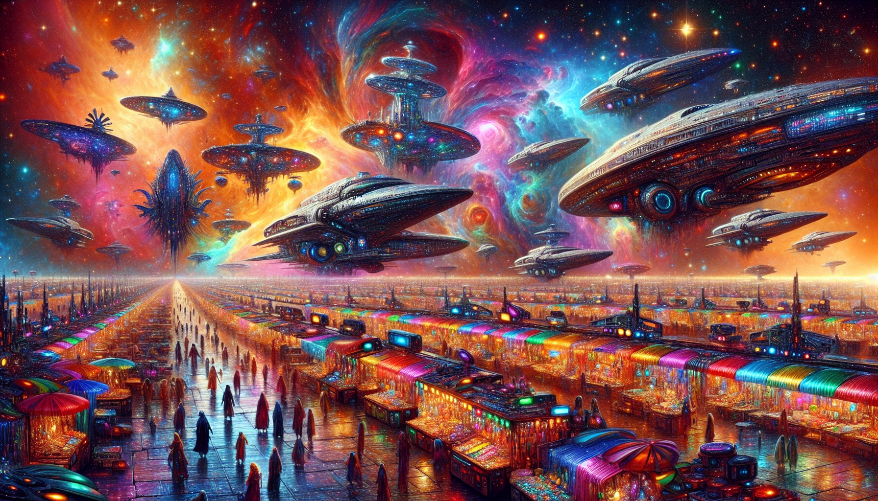 Envision a vibrant spaceport teeming with diverse extraterrestrial life forms, each showcasing unique features and cultures. Massive spaceships of various designs and colors dock and depart, while merchants hawk alien wares in lively stalls under neon signs. The atmosphere buzzes with interstellar chatter, and the backdrop features a swirling nebula illuminating the scene, creating an unforgettable tapestry of galactic hustle and bustle.