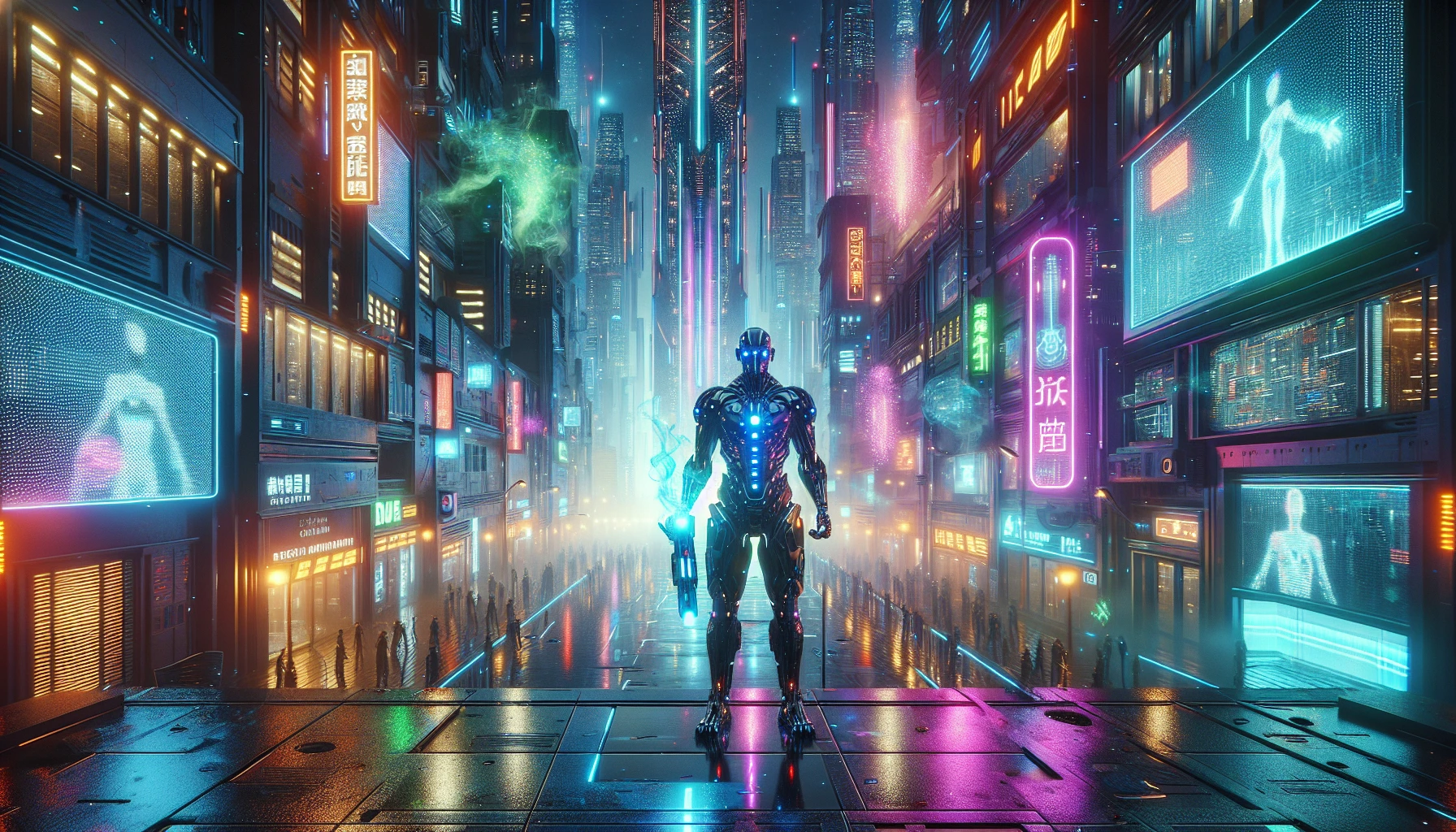 In a bustling futuristic metropolis, a cybernetic bounty hunter prowls the streets, illuminated by vibrant neon hues from towering skyscrapers and flickering digital billboards. Clad in sleek armor, they wield a glowing energy weapon, ready for action. The air is thick with anticipation, as holographic advertisements dance around them, casting colorful reflections on rain-soaked pavement, embodying the pulse of a high-tech world.