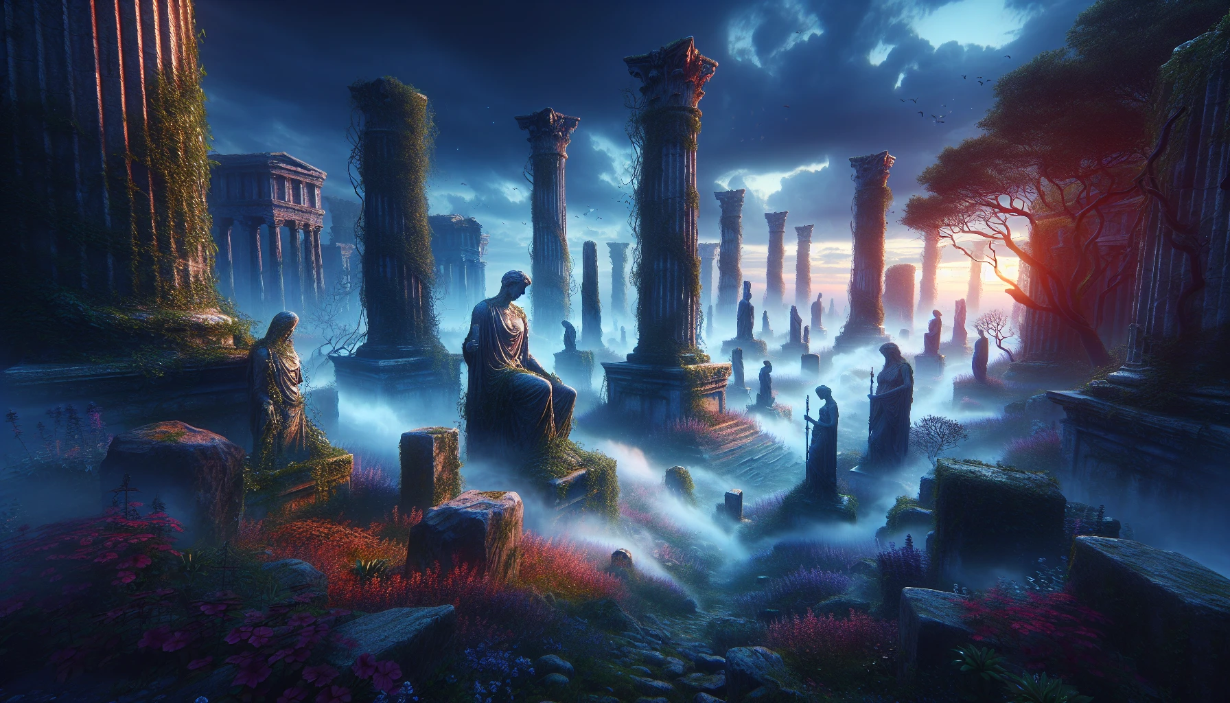 A hauntingly beautiful landscape unfolds in the Colossus Graveyard, where towering, ancient statues loom against a twilight sky. Each colossal figure, weathered and entwined with ivy, tells a story of forgotten grandeur and lost eras. Mist swirls around their bases, casting an ethereal glow, while patches of wildflowers bloom defiantly in the cracks of the stone. The air is thick with the scent of damp earth, whispering secrets of the past.