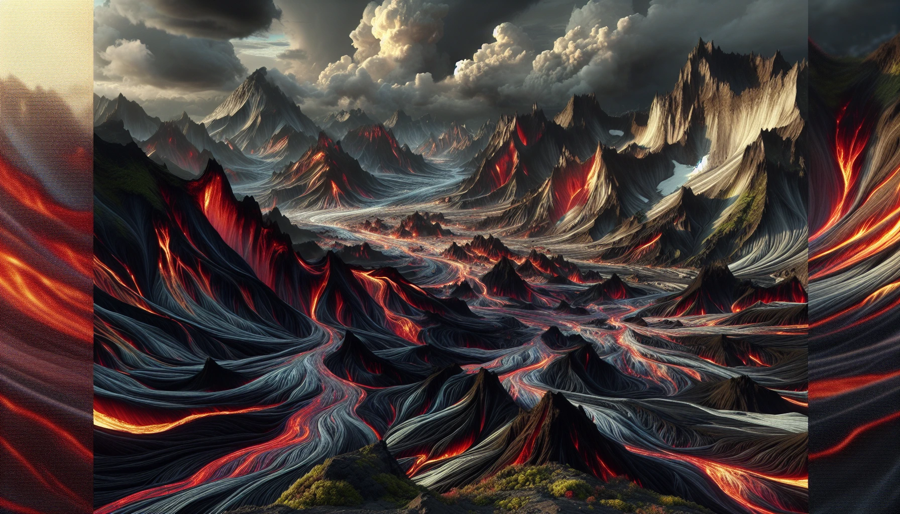 Imagine a dramatic landscape where molten lava flows intertwine with towering ash clouds, presenting a vivid contrast against a backdrop of rugged mountains. The ground is a tapestry of blacks, grays, and fiery reds, while shimmering heat ripples distort the horizon. Jagged rocks jut from the earth, and patches of resilient green flora cling to life amidst the volcanic chaos, creating a hauntingly beautiful scene.