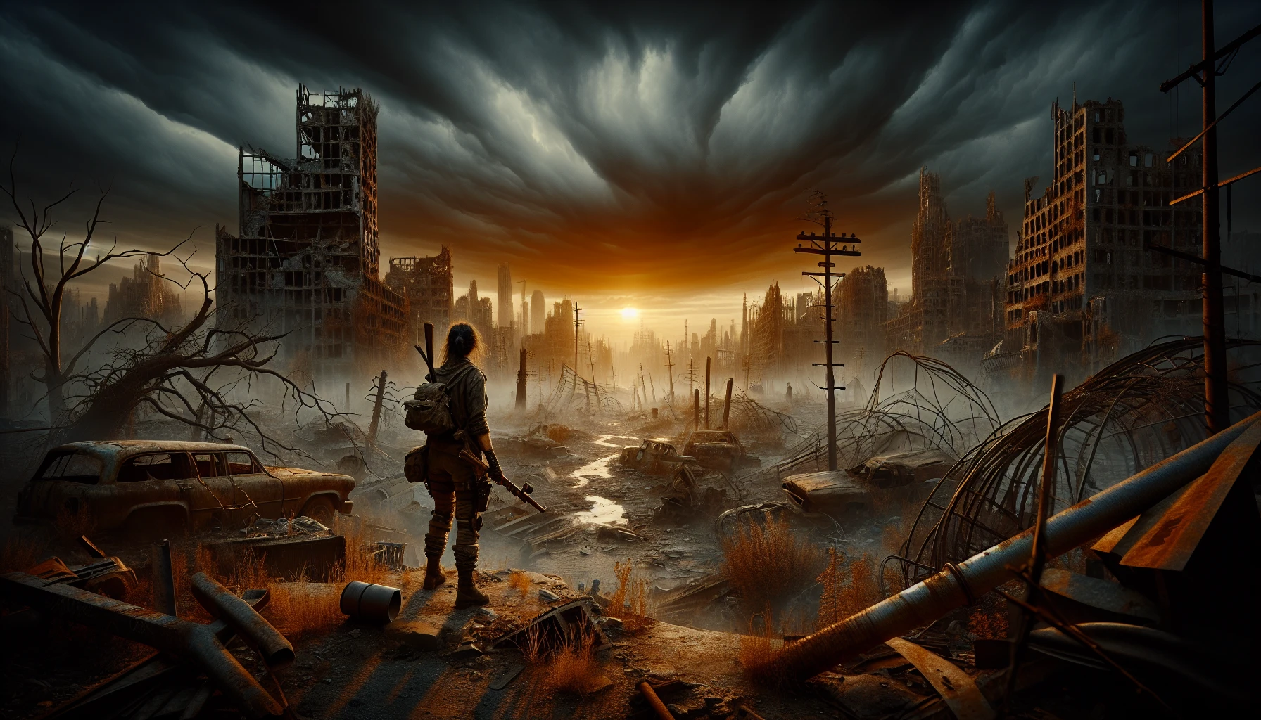 In a desolate, post-apocalyptic landscape, a lone survivor stands amidst crumbling ruins and twisted metal. The sky is a deep, ominous orange as the sun sets, casting eerie shadows over scattered remnants of civilization. Clad in tattered clothing and armed with makeshift weapons, the survivor surveys the barren wasteland, where distant storms of dust swirl ominously. Nature reclaims its territory, with gnarled trees and resilient weeds breaking through cracked concrete.