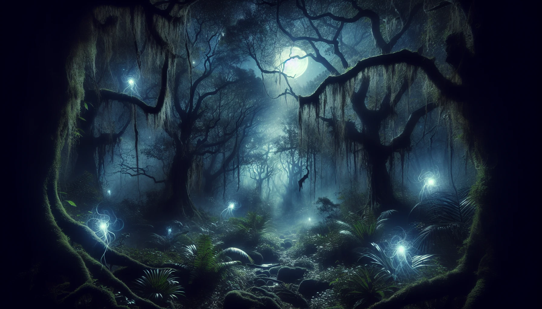 Explore a dense, enchanted forest where moonlight filters through ancient trees, casting haunting shadows that dance upon the forest floor. Ethereal whispers echo the secrets of the night, while luminous creatures flit between the gnarled branches. A chilling mist weaves through the underbrush, and the air crackles with electricity, as if the very essence of magic stirs in this otherworldly realm, inviting the brave to uncover its mysteries.