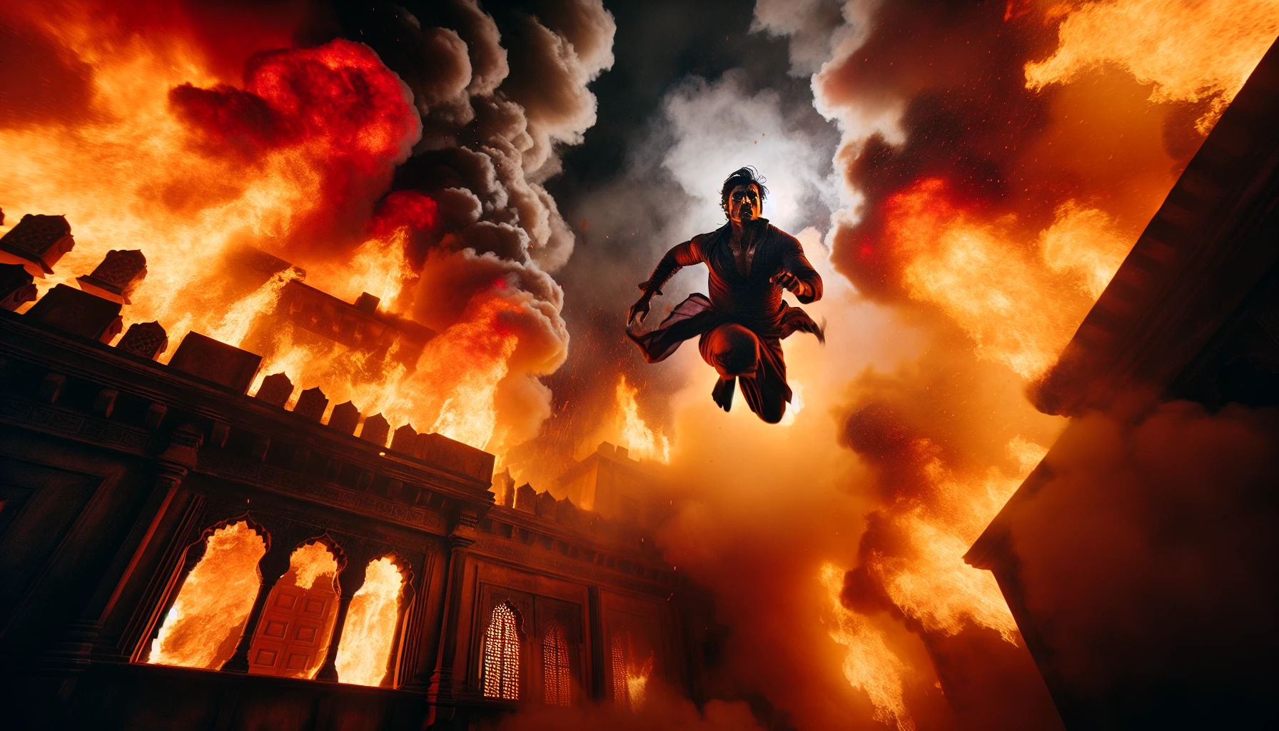 In this dramatic scene, a determined figure soars through the air, elegantly leaping from a blazing building engulfed in fiery hues of orange and red. The flames fiercely lick the structure, casting eerie shadows, while billowing smoke swirls around the hero. As they leap, a look of fierce resolve is captured in their eyes, embodying courage amidst chaos and the fight for survival against overwhelming odds.