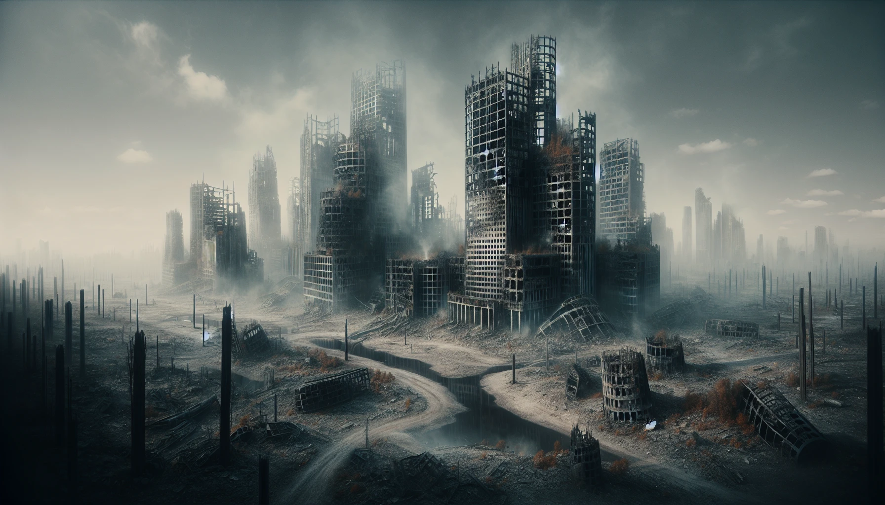 In the heart of a charred landscape, the skeletal remains of skyscrapers pierce the smoky sky, their glass facades shattered and crumbling. Ashen streets wind through debris, where nature begins to reclaim its territory, tendrils of green breaking through the gray wasteland. Wisps of fog curl around the remnants of a once-vibrant city, whispering stories of the lives that thrived and now linger only in memory.