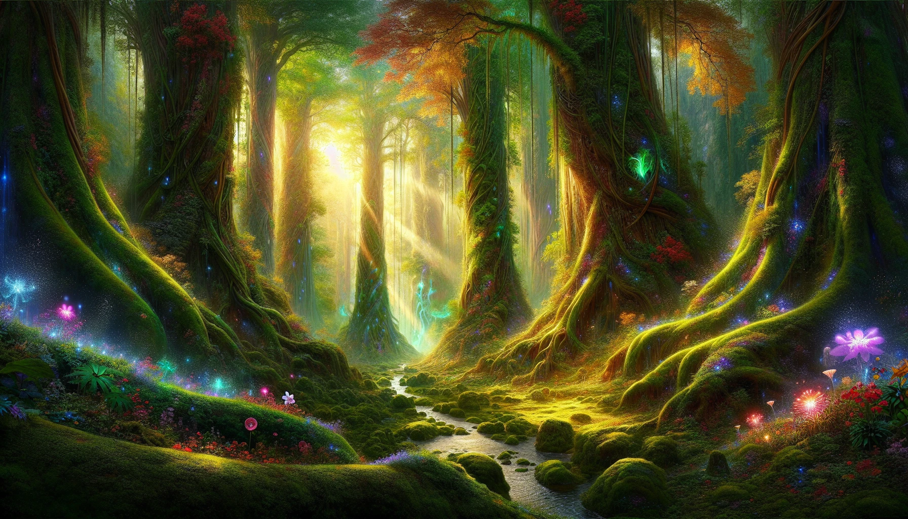 Imagine a breathtaking scene within a towering enchanted forest, where ancient, colossal trees stretch towards the sky, their trunks entwined with glowing vines. Sunlight filters through a vibrant canopy, casting dappled light on the mossy floor below. Ethereal creatures flit among the foliage, while delicate flowers bloom in iridescent hues. A tranquil stream winds through the landscape, inviting wanderers to explore this magical realm filled with wonder and serenity.