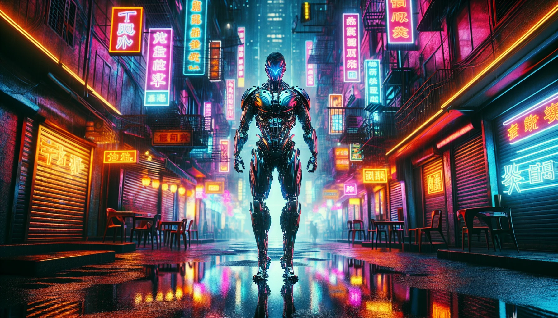 In a bustling, neon-lit alley, a cybernetic samurai stands tall, exuding power and resilience. Adorned in a sleek, advanced exosuit, the samurai's intricate metalwork glimmers against the backdrop of glistening rain-soaked streets. Vibrant neon signs reflect in puddles, creating a mesmerizing dance of colors. This cinematic scene encapsulates a fusion of technology and tradition, evoking a sense of solitude amidst the chaos of a futuristic world.