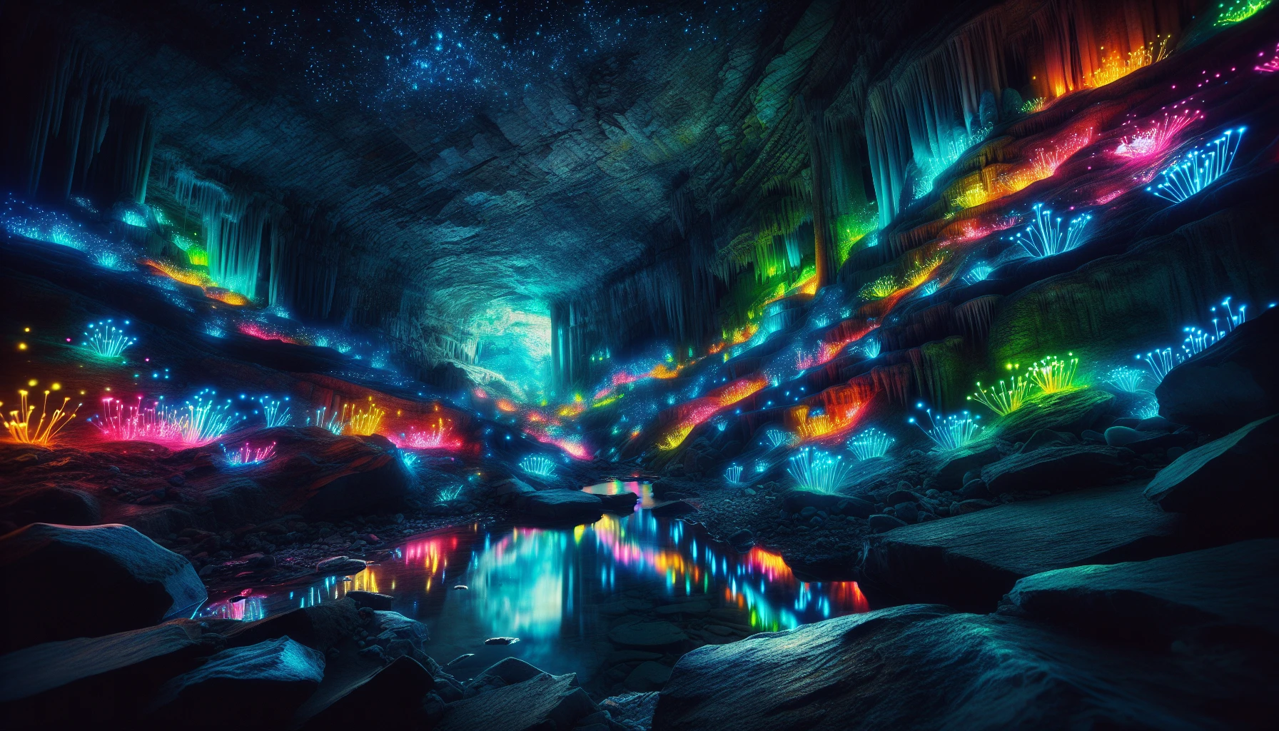 Enter a vibrant underground realm where glowing crystals adorn rugged stone walls, casting a kaleidoscope of colors across the darkened cavern. Bioluminescent plants sway gently in a soft, ethereal light, illuminating the serene pools of water that reflect the dazzling scenery above. The sound of distant dripping water echoes through the air, creating an atmosphere of tranquil wonder, inviting exploration into the enchanting depths of nature’s hidden beauty.