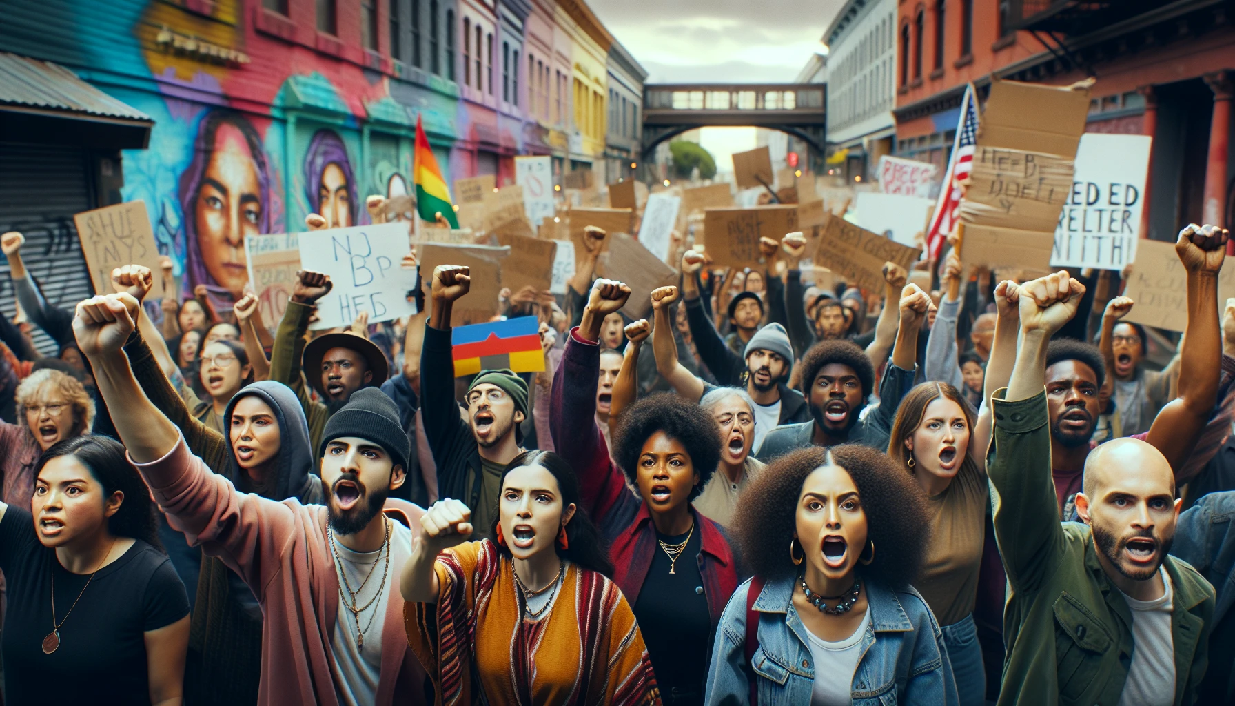 Capture a vibrant street scene where diverse individuals come together to advocate for social justice. Colorful protest signs wave amid a backdrop of graffiti art, symbolizing resilience and hope. Faces filled with passion and determination express the urgency of their message, while the atmosphere buzzes with energy and solidarity. This image embodies the strength found in community activism and the fight for equality.